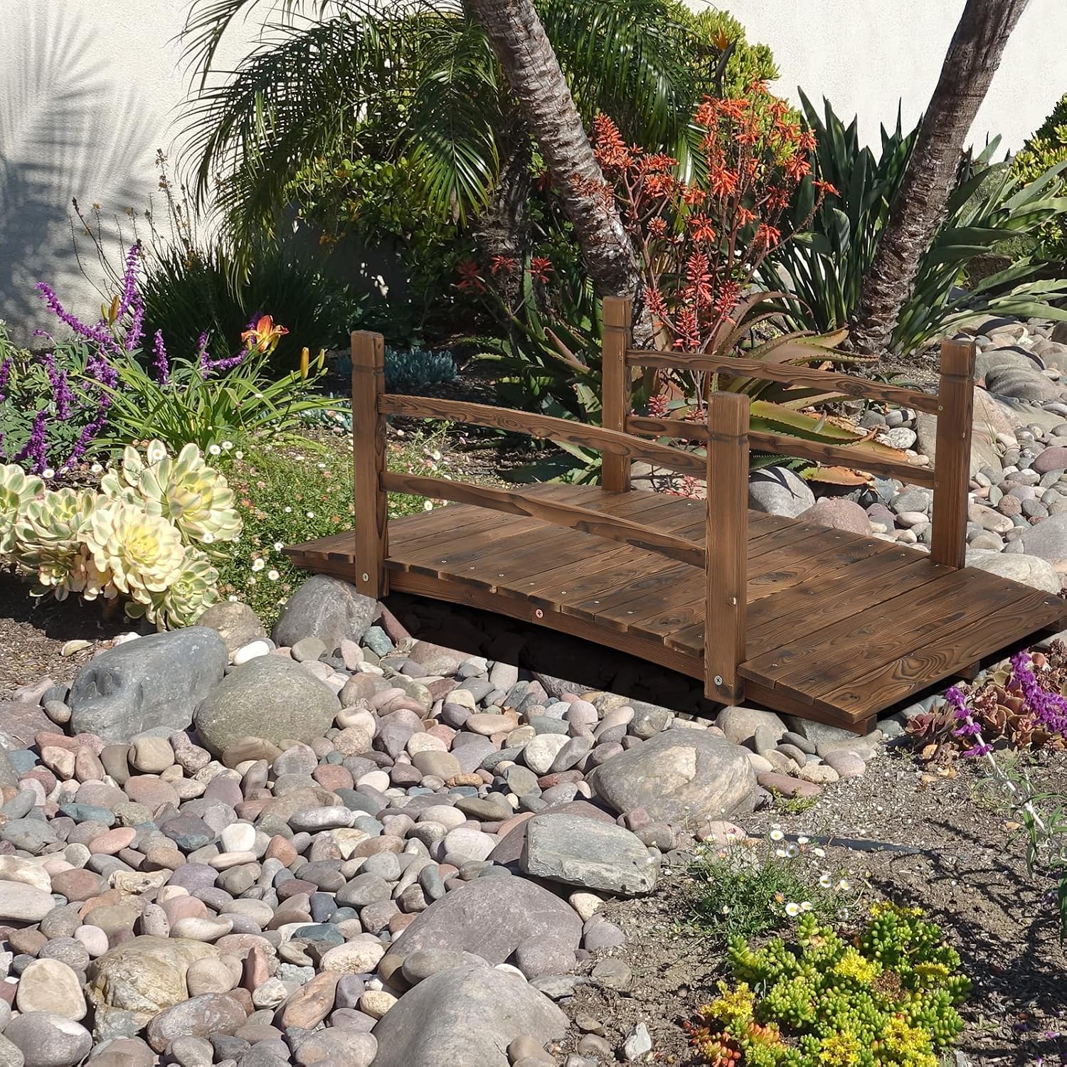 VINGLI 5 ft Garden Bridge, Classic Wooden Arch with Safety Rails Stained Finished Footbridge, Decorative Pond Landscaping, Backyard, Creek or Farm