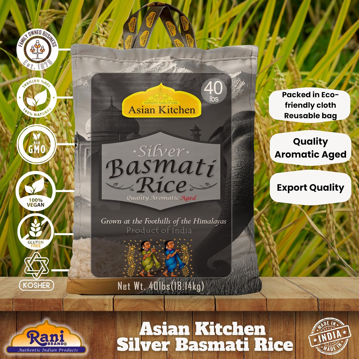Asian Kitchen Platinum White Basmati Rice Extra Long Aged 20lbs (9.08kg) ~ All Natural | Gluten Friendly | Vegan | Indian Origin | Export Quality