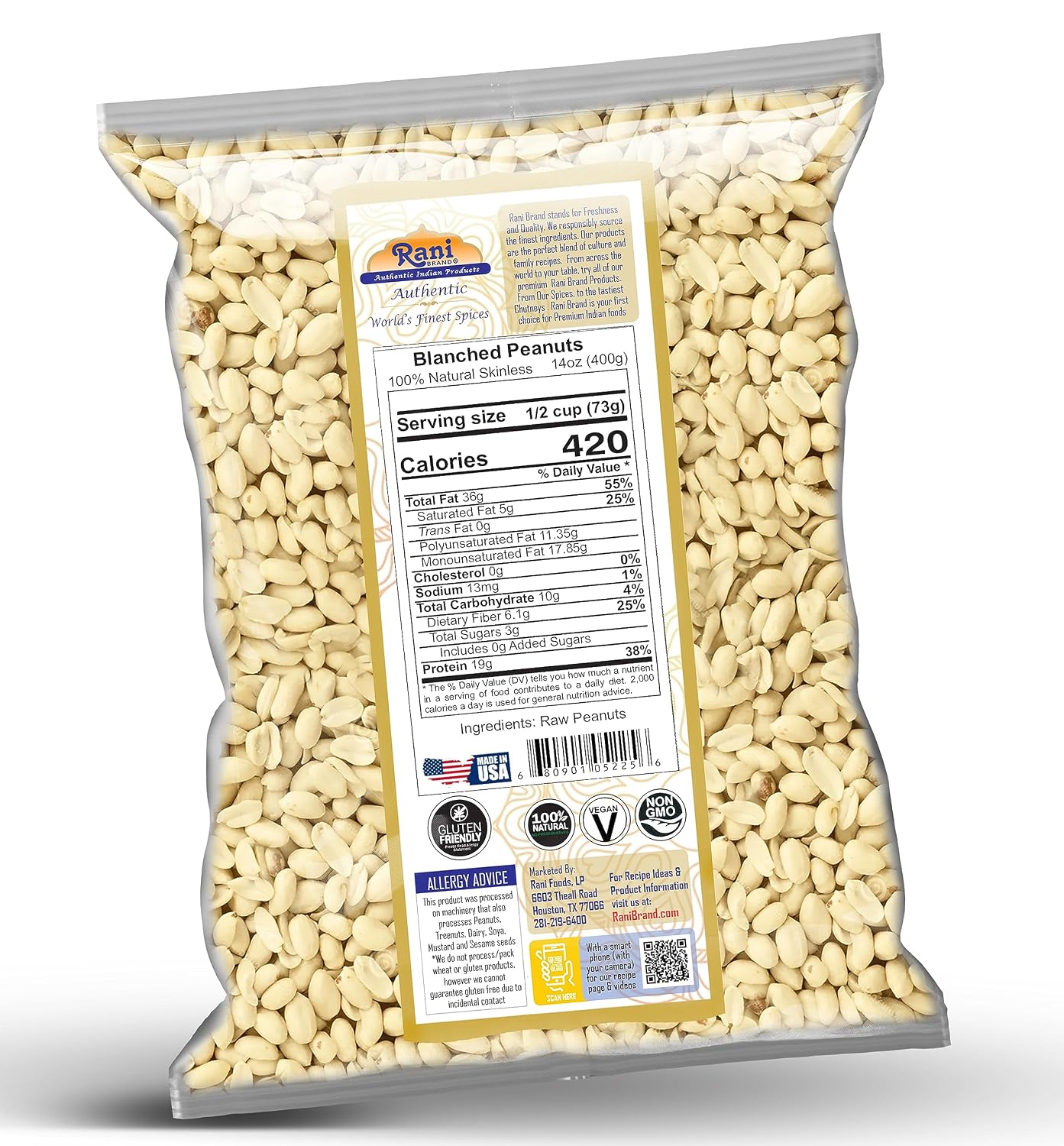 Rani Peanuts, Raw Whole With Skin (uncooked, unsalted) 14oz (400g) ~ All Natural | Vegan | Kosher | Gluten Friendly | Fresh Product of USA ~ Spanish Grade Groundnut/Red-skin