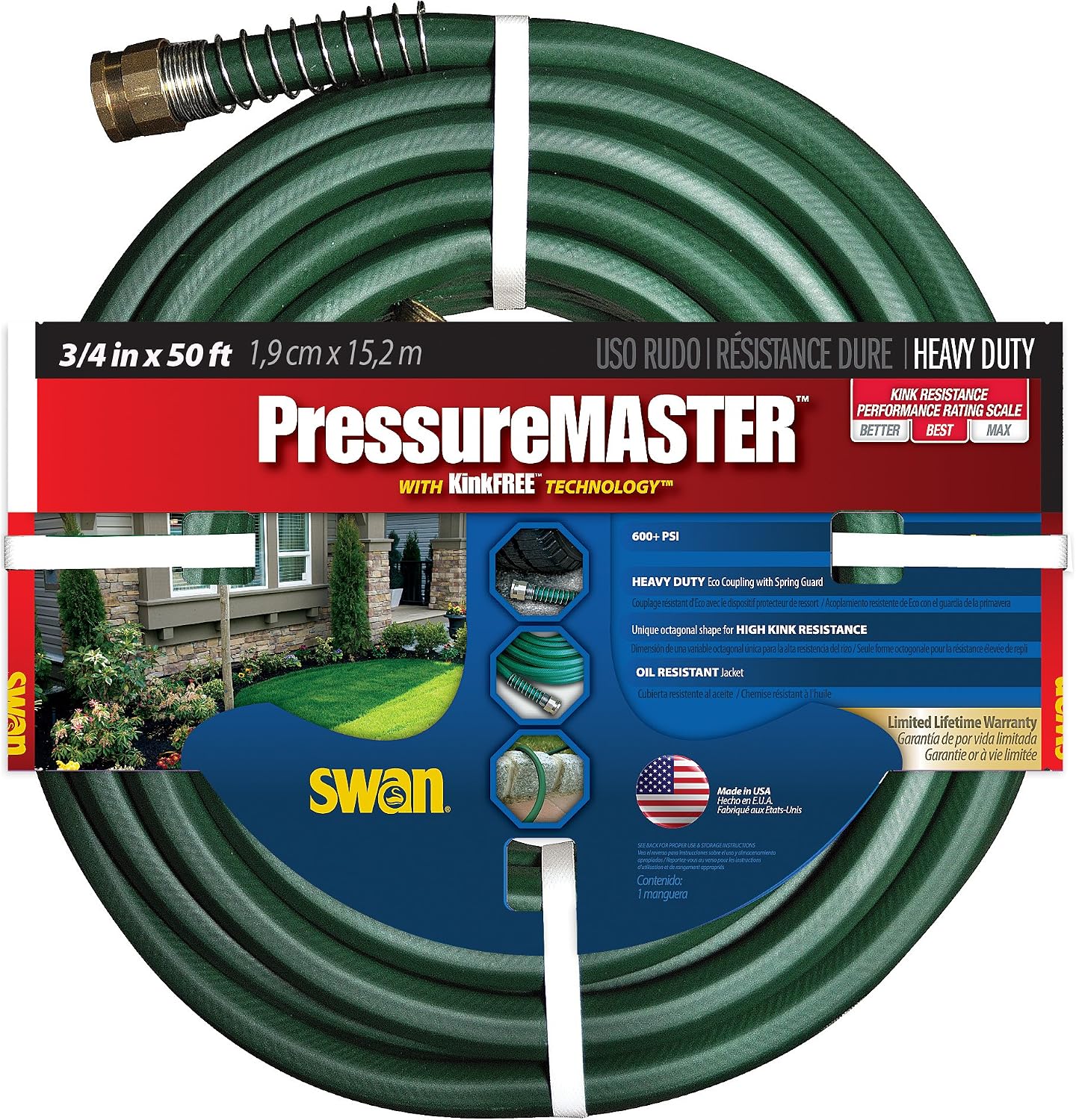 Swan Products SN7958100 Premium Heavy Duty Pressure Master Garden Hose 100 ft, 5/8" Diameter, Green