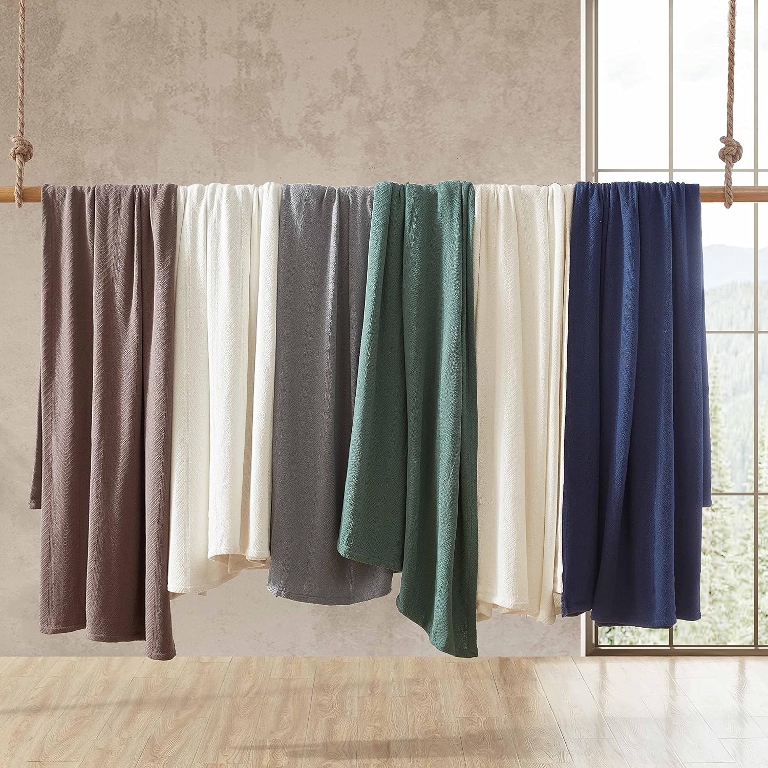 Eddie Bauer - Queen Size Blanket, 100% Soft Cotton Bed Blanket for Year Round Comfort, Throw Blanket for Couch or Bed (Herringbone Blue Stripe)