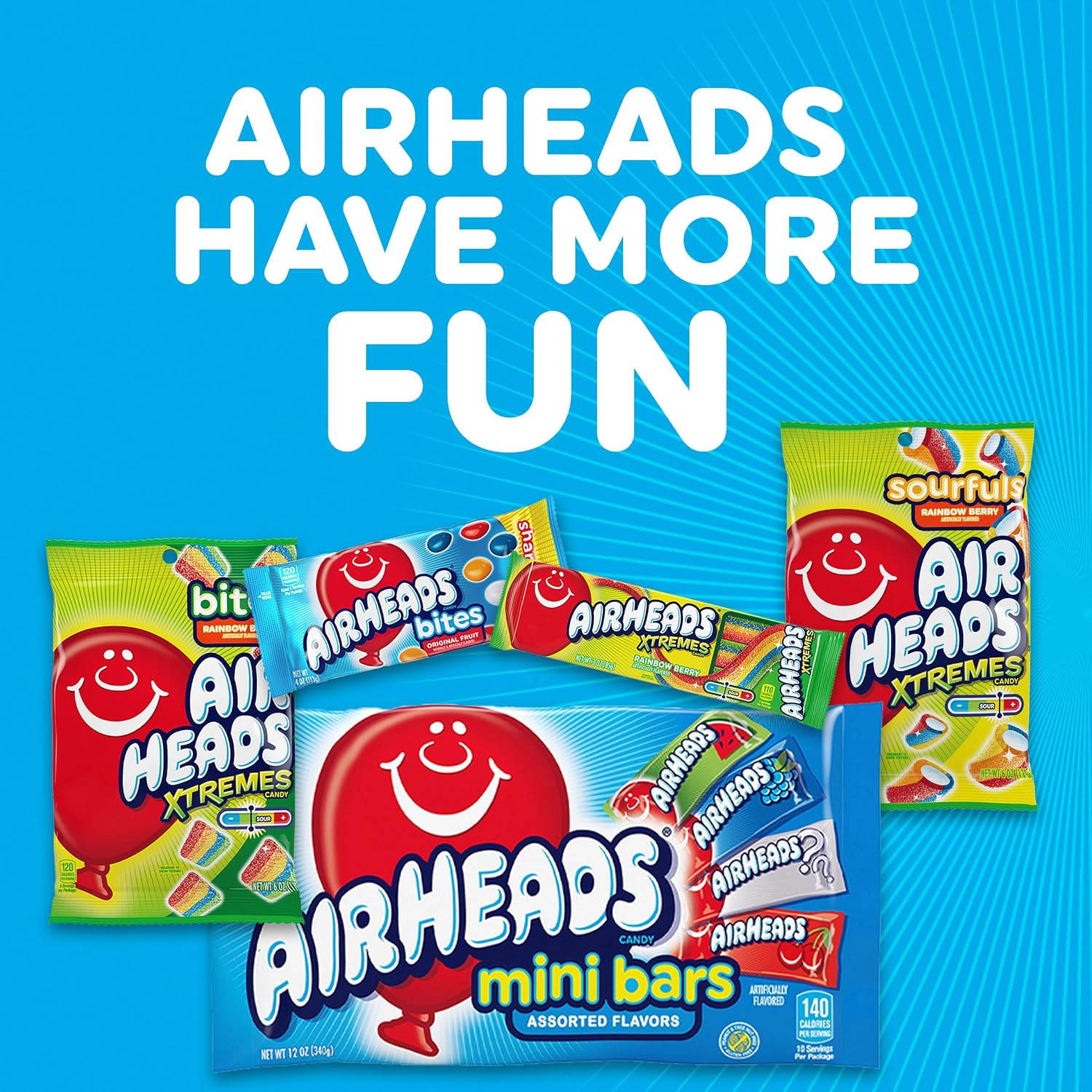 Airheads Full-Size Candy Bars, Assorted Taffy Variety Pack, 60 Count Box | Individually Wrapped Bulk Candy, Six Assorted Fruit Flavors, Artificially Flavored