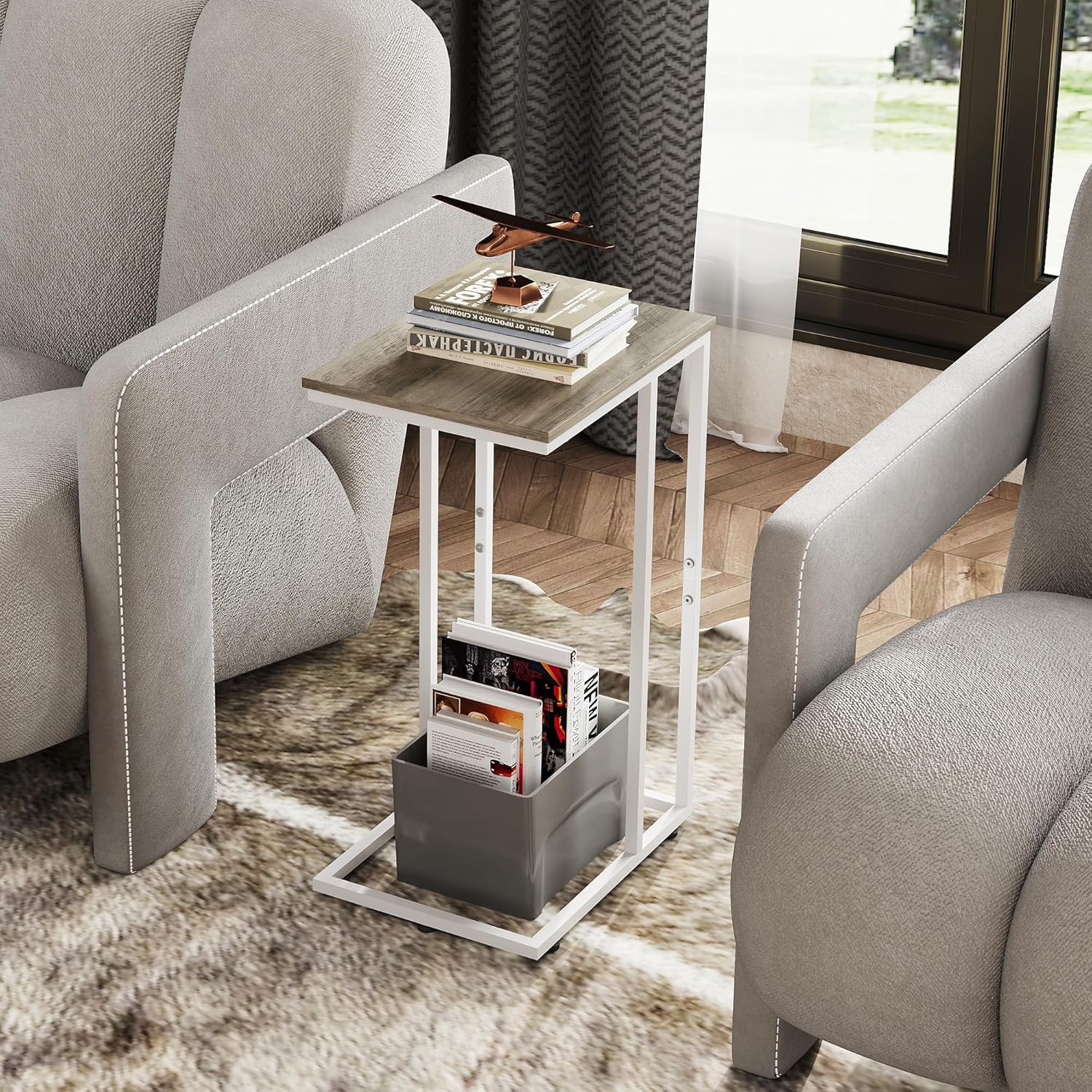 WLIVE C Shaped End Table, Small Side Tables for Sofa and Bed, Couch Table that Slides Under for Living Room, Bedroom, Home Office, Small Spaces