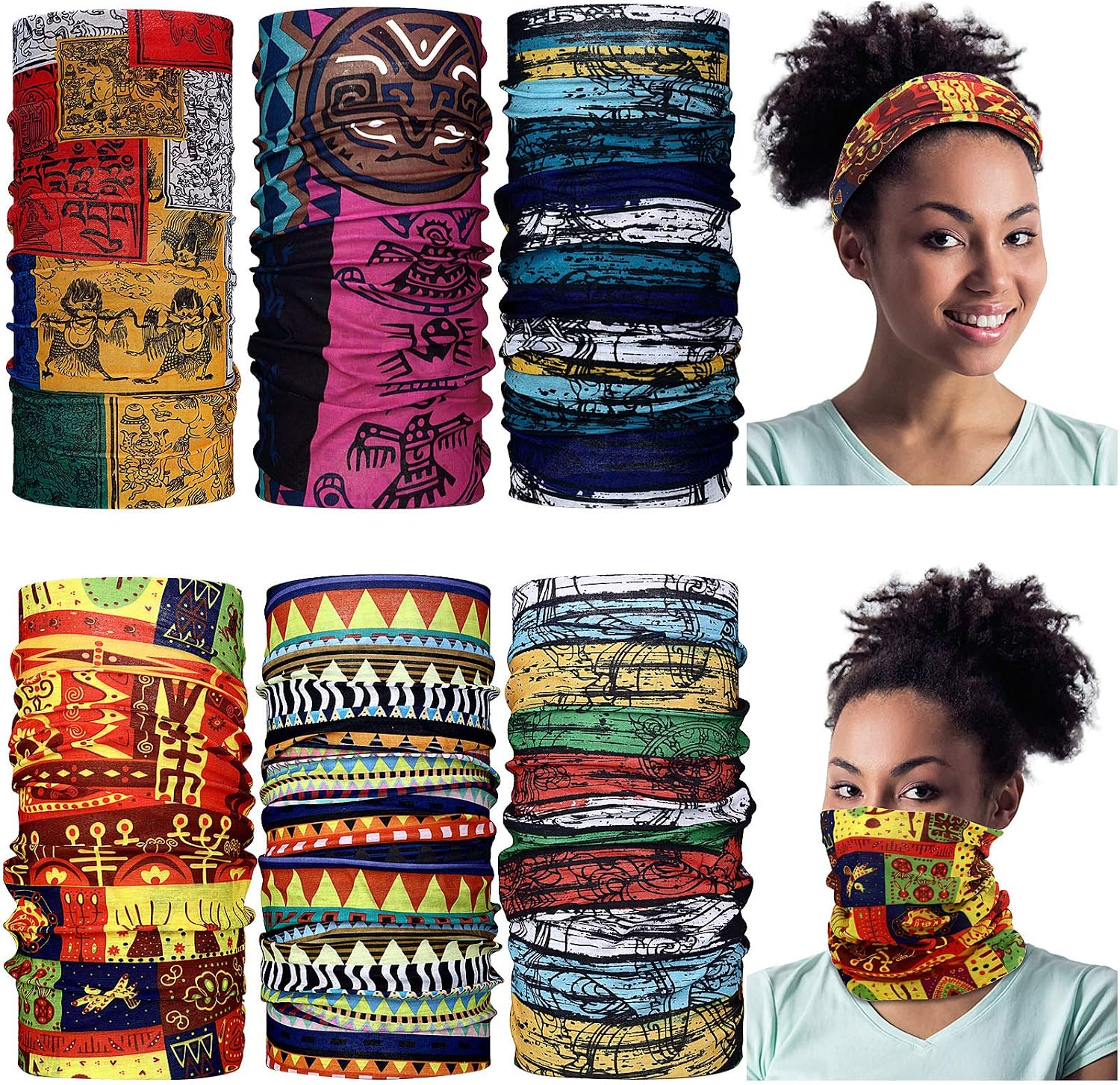 6 Pieces African Scarf African Bandanas Face Covering Unisex Boho Neck Gaiter Balaclava Head Wrap for Motorcycling Outdoor Use