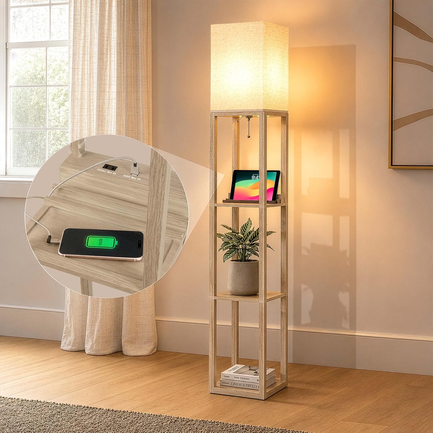 Brightech Maxwell Charger - Modern Shelf Floor Lamp with USB Charging Ports & Electric Outlet - Corner Display Floor Lamps with Shelves for Living