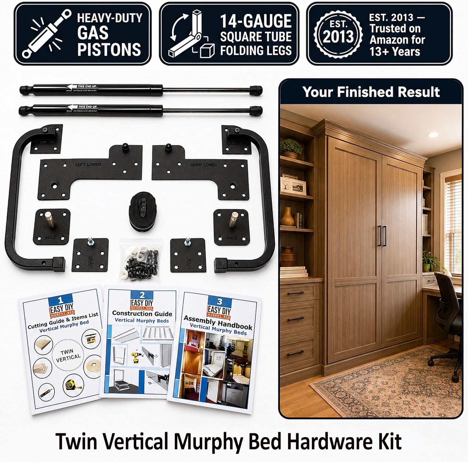 Queen Size Murphy Bed Hardware Kit — Vertical Wall Bed Frame | DIY Murphy Bed Kit with Gas Pistons + 3 Step-by-Step Guides | Made in North America | Hideaway Bed Mechanism