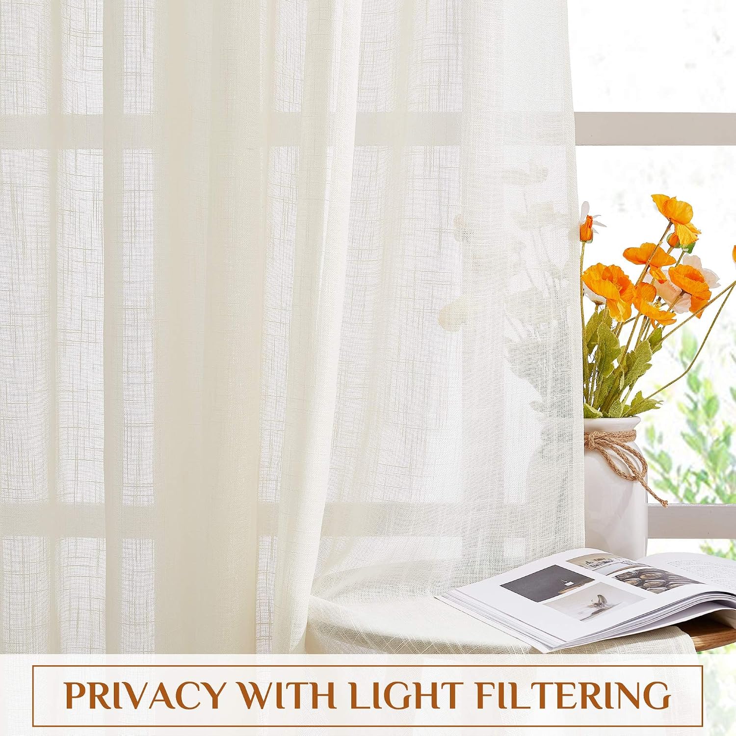 NICETOWN Linen Curtains White Semi Sheer 72 inch Long for Windows, Privacy with Light Filtering Grommet Top Window Treatments for Bedroom/Living Room
