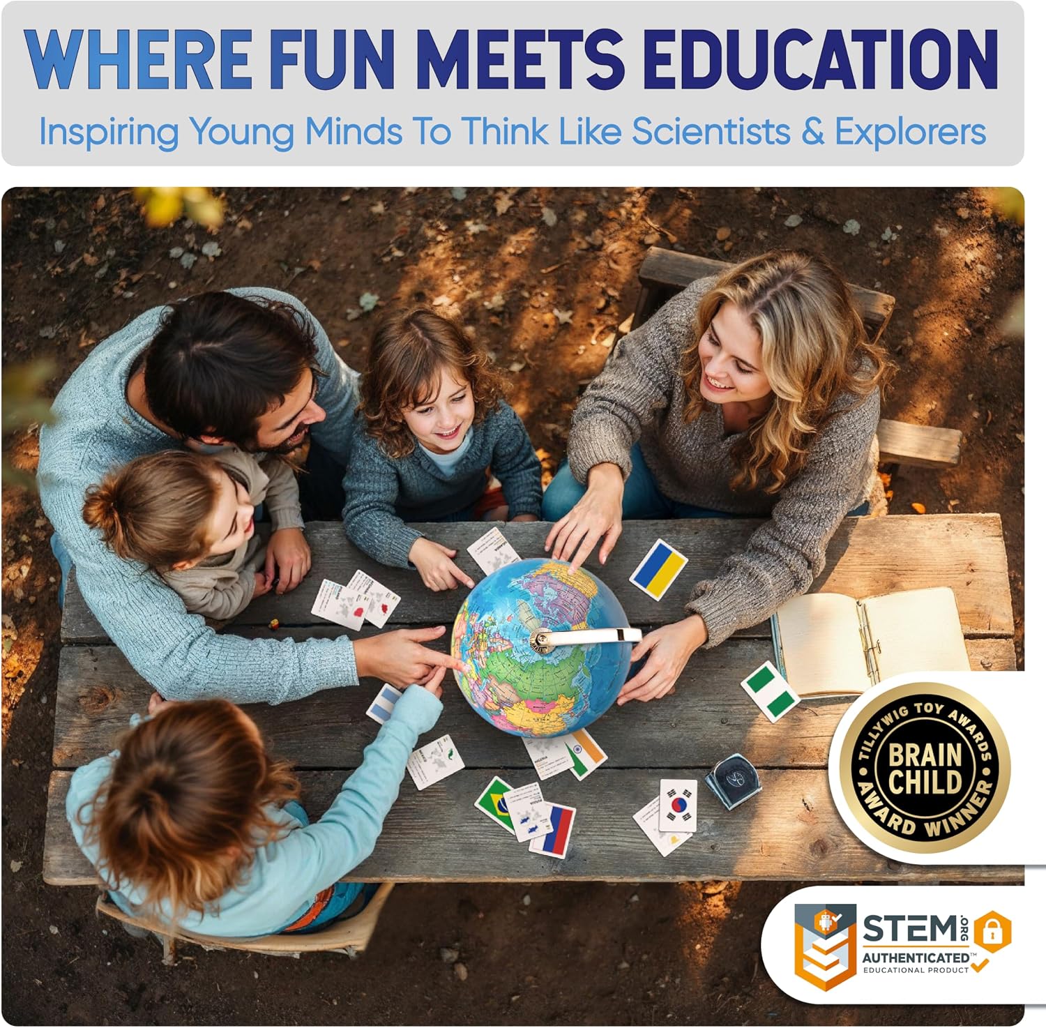 SMART WALLABY 9" Illuminated Educational Kids World Globe + STEM Flags & Countries Interactive Card Game. 3 in 1 Children Desktop Spinning Earth