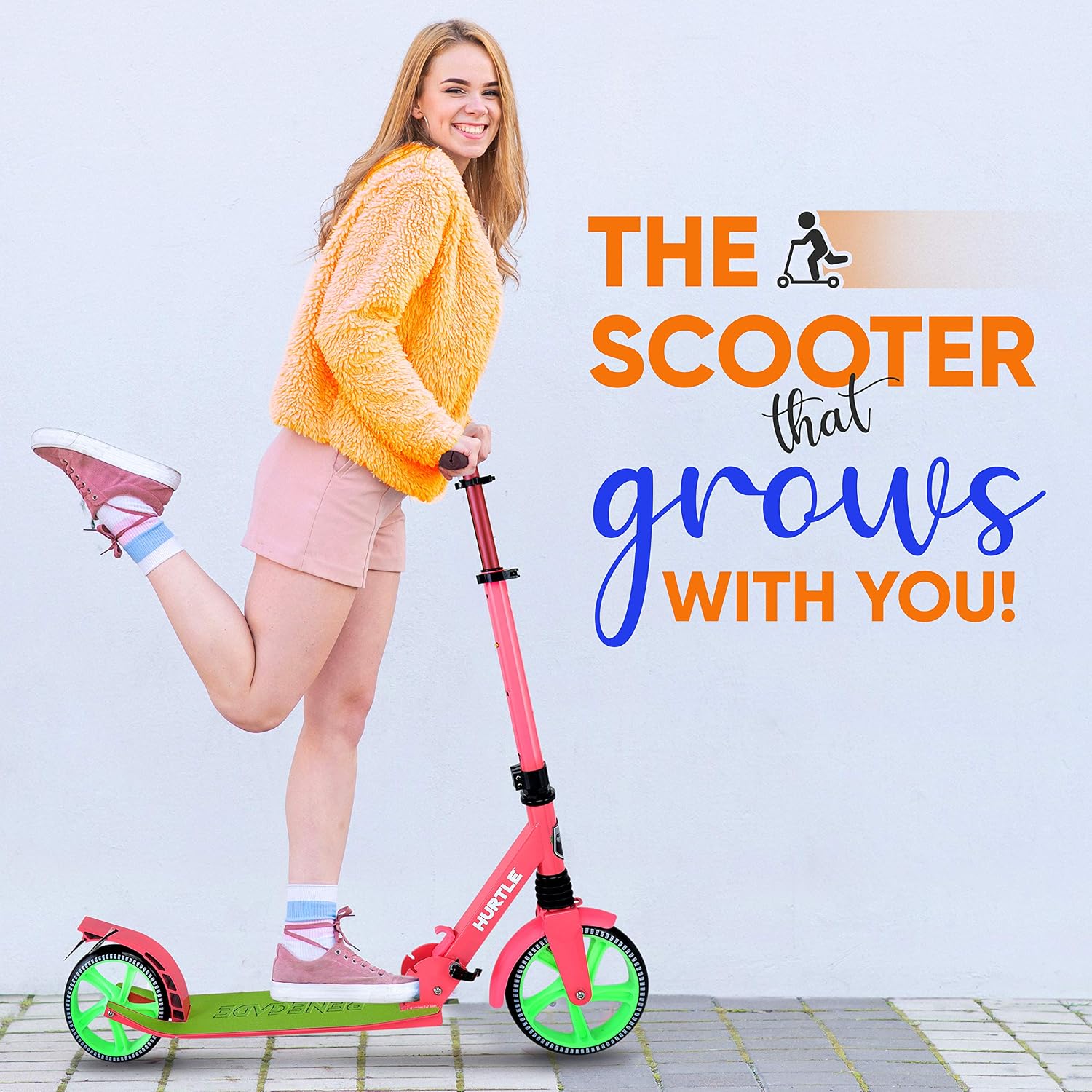 Hurtle Renegade Kick Scooter for Kids, Teenagers & Adults - 2-Wheel Folding Scooter with Adjustable T-Bar Handlebar - Alloy Anti-Slip Deck