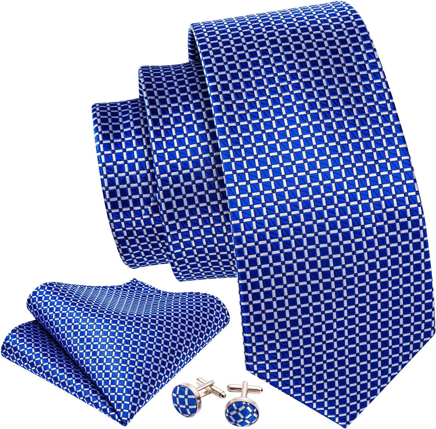 Barry.Wang Plaid Ties for Men Silk Necktie Handkerchief Cuff Links Set
