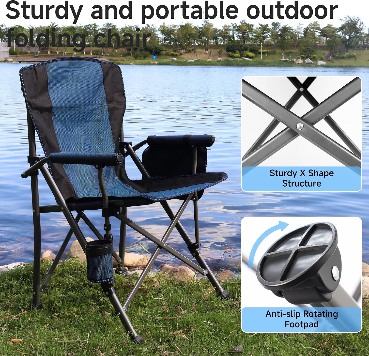 Adjustable Back Folding Camping Chair for Camp, Picnic, Lawn, Fishing | Adjustable Back; Weight Capacity 400 LBS;Hard Arm Portable Chair;Cup Holder;Storage Bag;carrying bag