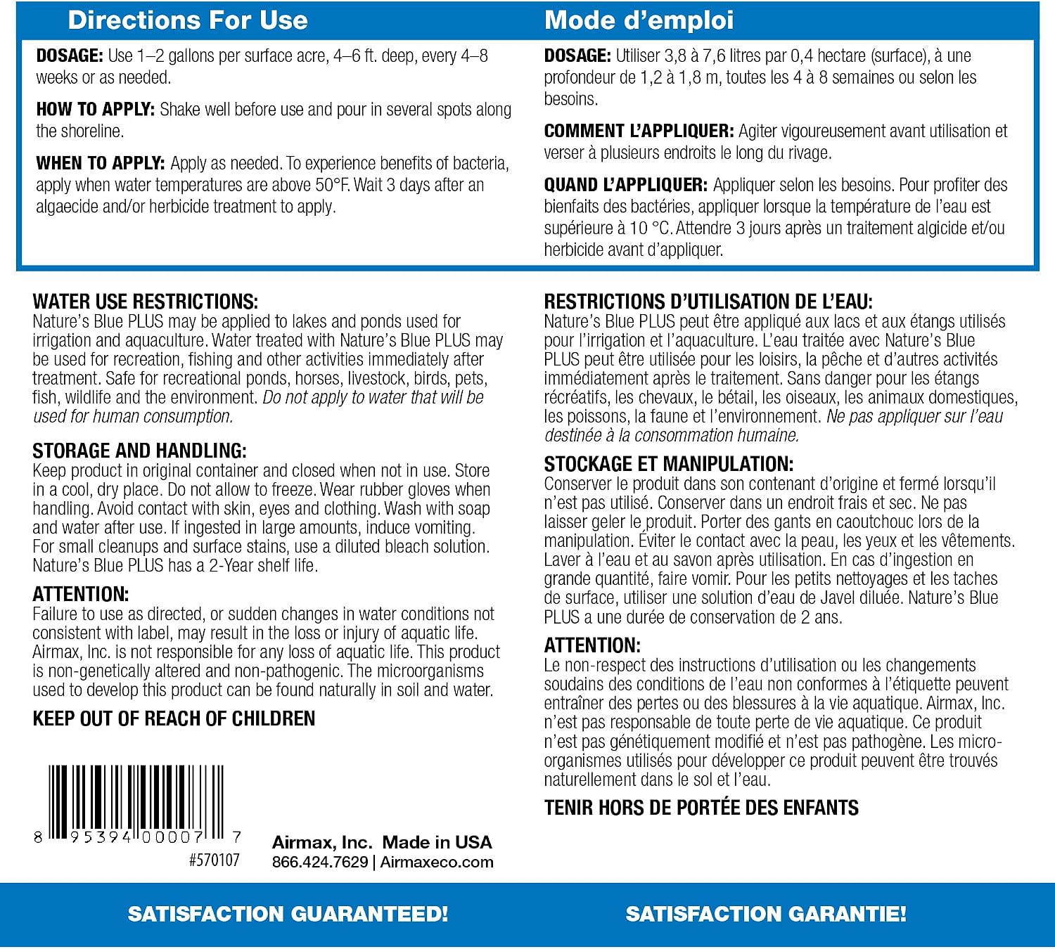 Airmax Pond Dye Plus, Nature's Blue Pond & Lake Water Colorant, 1 Gallon | Natural beneficial bacteria clarifier shades plants and algae from sunlight; fish and livestock safe