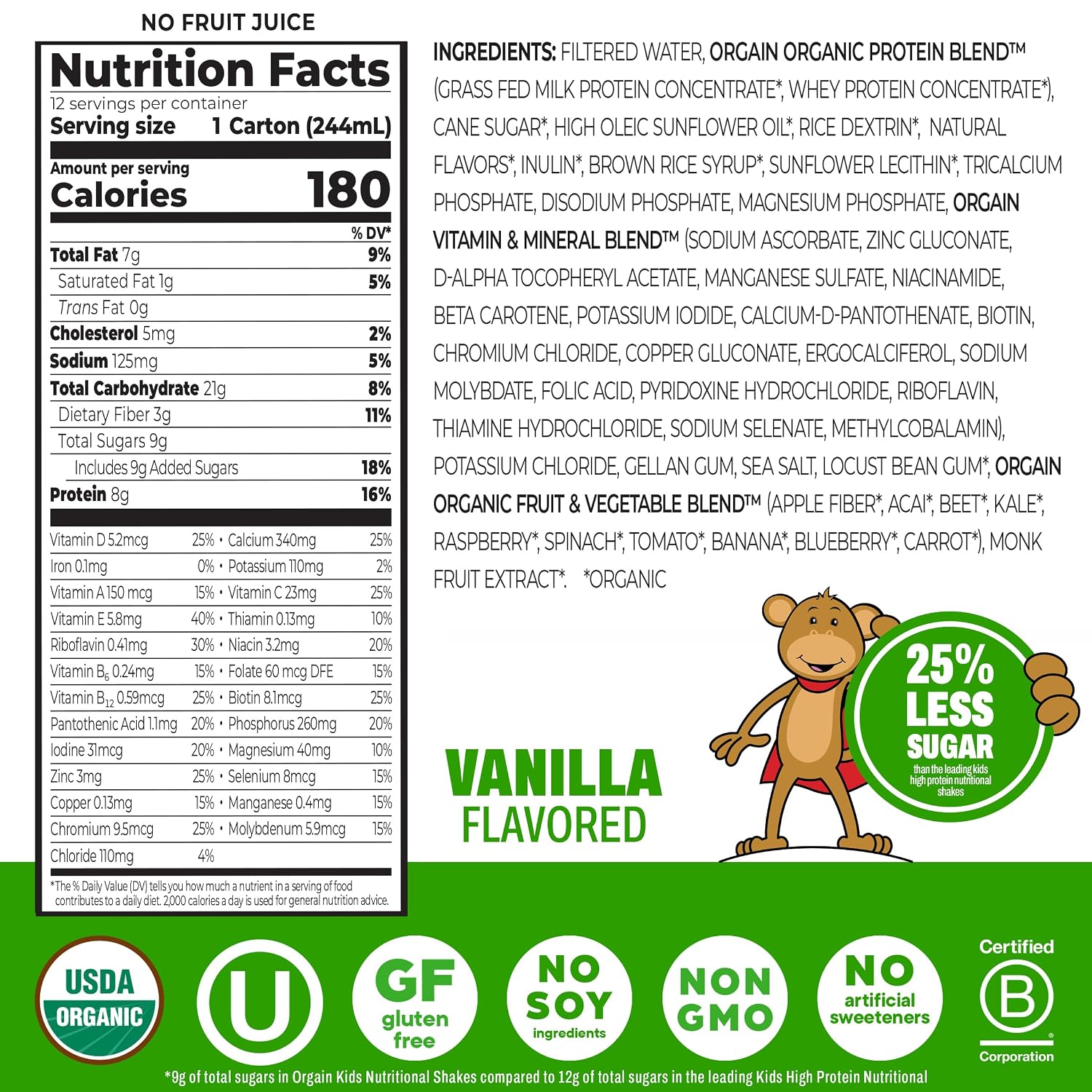 Orgain Organic Kids Dairy 8g Protein Shake, Chocolate, 8.25 oz, 12pk | Nutritional drink, grass-fed protein, 22 vitamins & minerals, 3g fiber, non-GMO, no soy, healthy snack for picky eaters