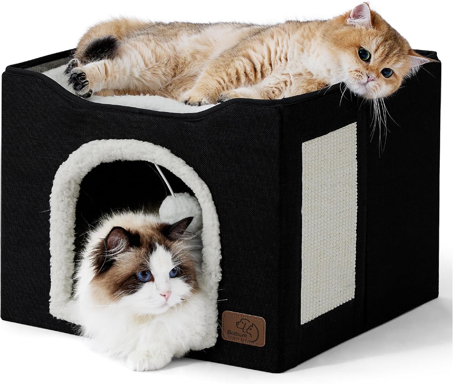 Bedsure Cat House Bed for Indoor Cats with Fluffy Ball and Scratch Pad,Grey