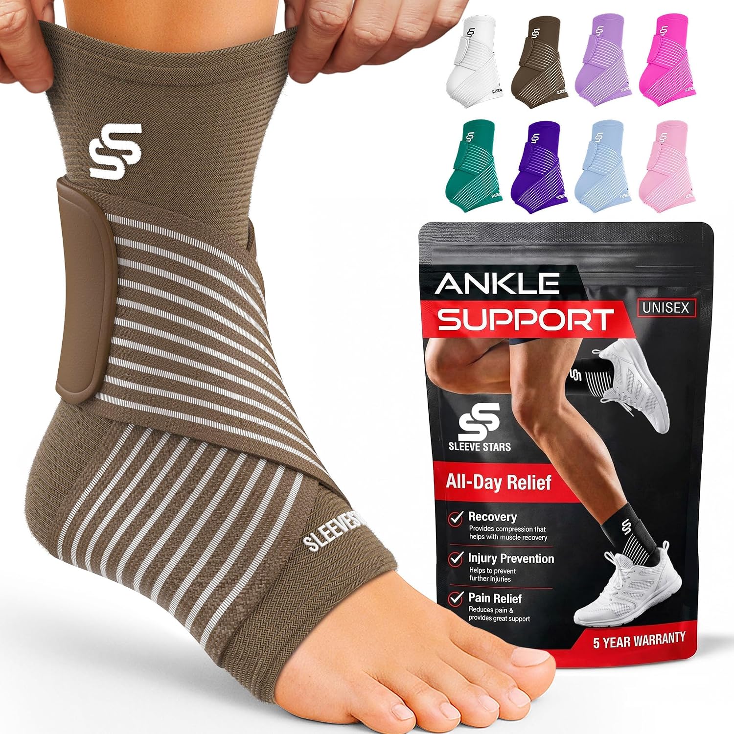 Sleeve Stars Ankle Brace for Women & Men, Ankle Wrap for Sprain, Compression Sleeve for Plantar Fasciitis Relief, Easy Customizable Support: w/ Removable Strap (Single/M:10"-12"/Black)