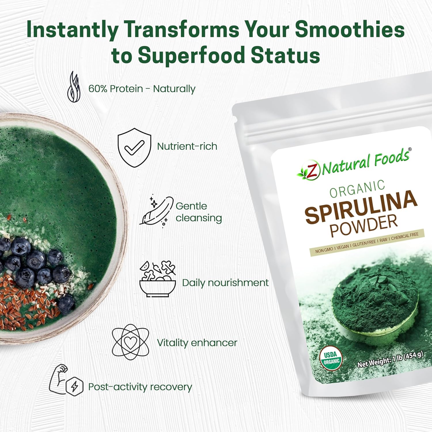 Z Natural Foods Organic Spirulina Powder - 16 oz (Pack of 1) | Organic, Blue-Green Algae Superfood, Spirulina, Raw, Contains Amino Acids, Mixes in Smoothies, Yogurt & Recipes