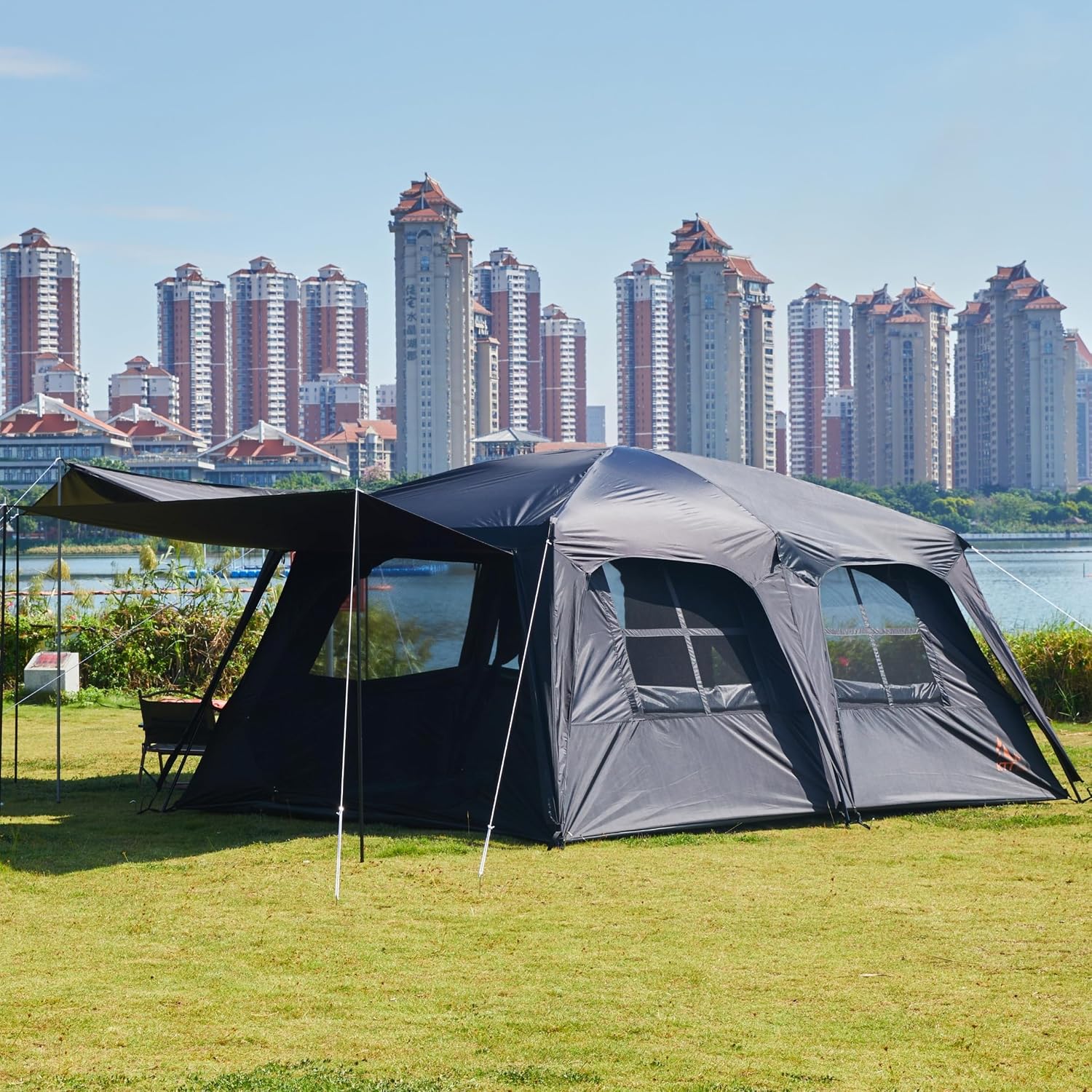 KTT Extra Large Tent 12-14 Person, Family Cabin Tents, 2 Rooms, Straight Wall, 2 Doors 4 Windows with Mesh, Waterproof, Double Layer
