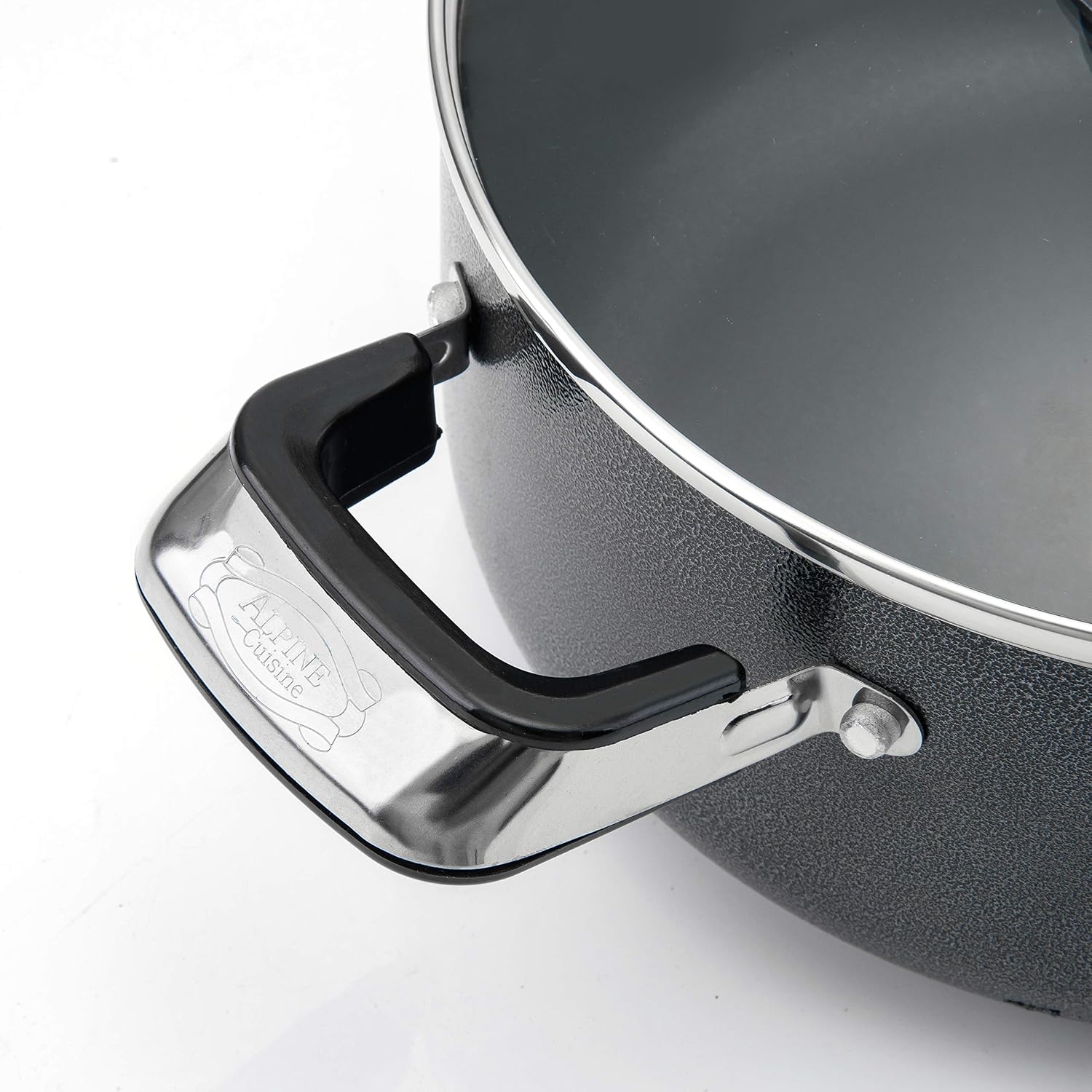 Alpine Cuisine 4 Quart Non-stick Stock Pot with Tempered Glass Lid and Carrying Handles, Multi-Purpose Cookware Aluminum Dutch Oven for Braising, Boiling, Stewing