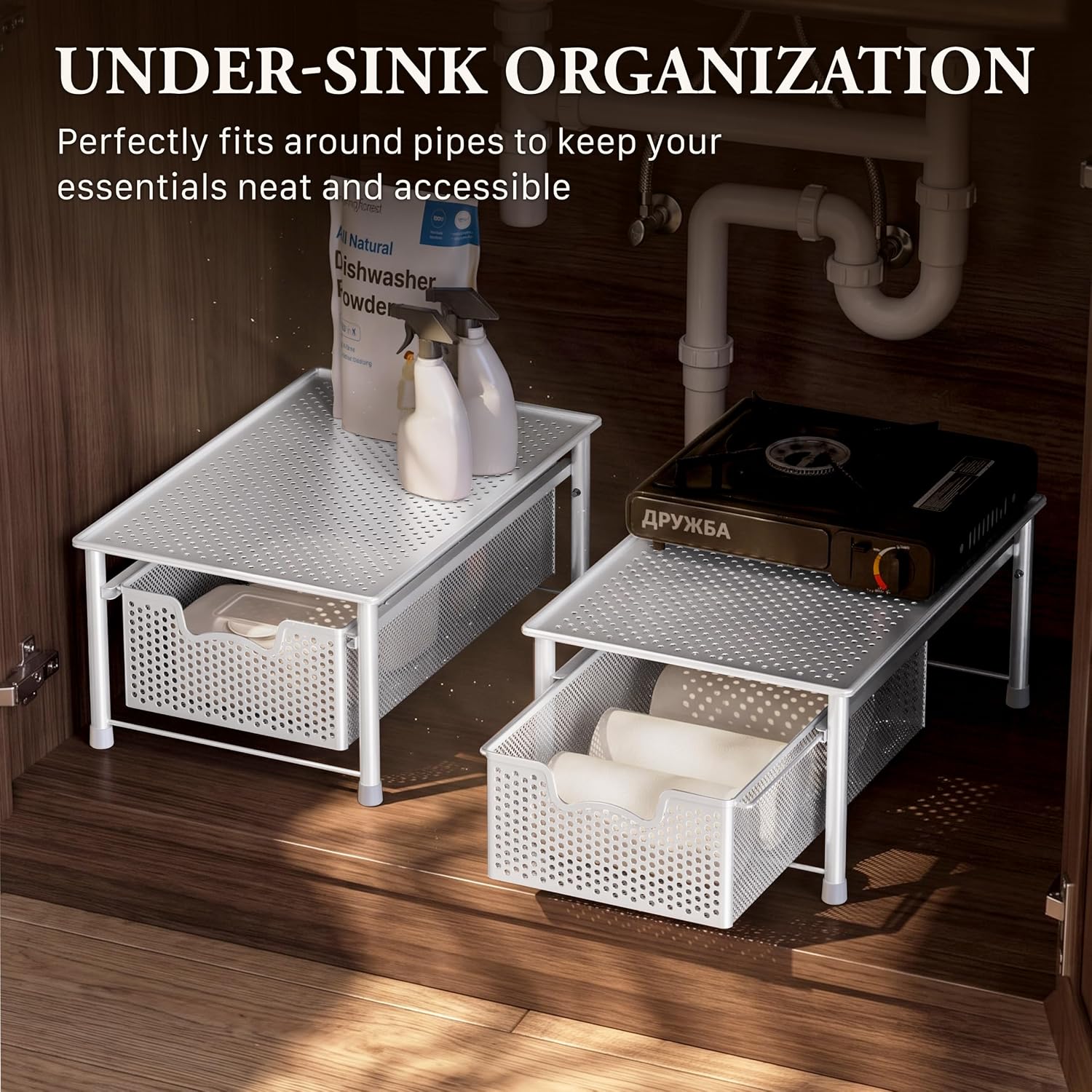 Simple Houseware Stackable 3 Tier Sliding Basket Organizer Drawer, Silver