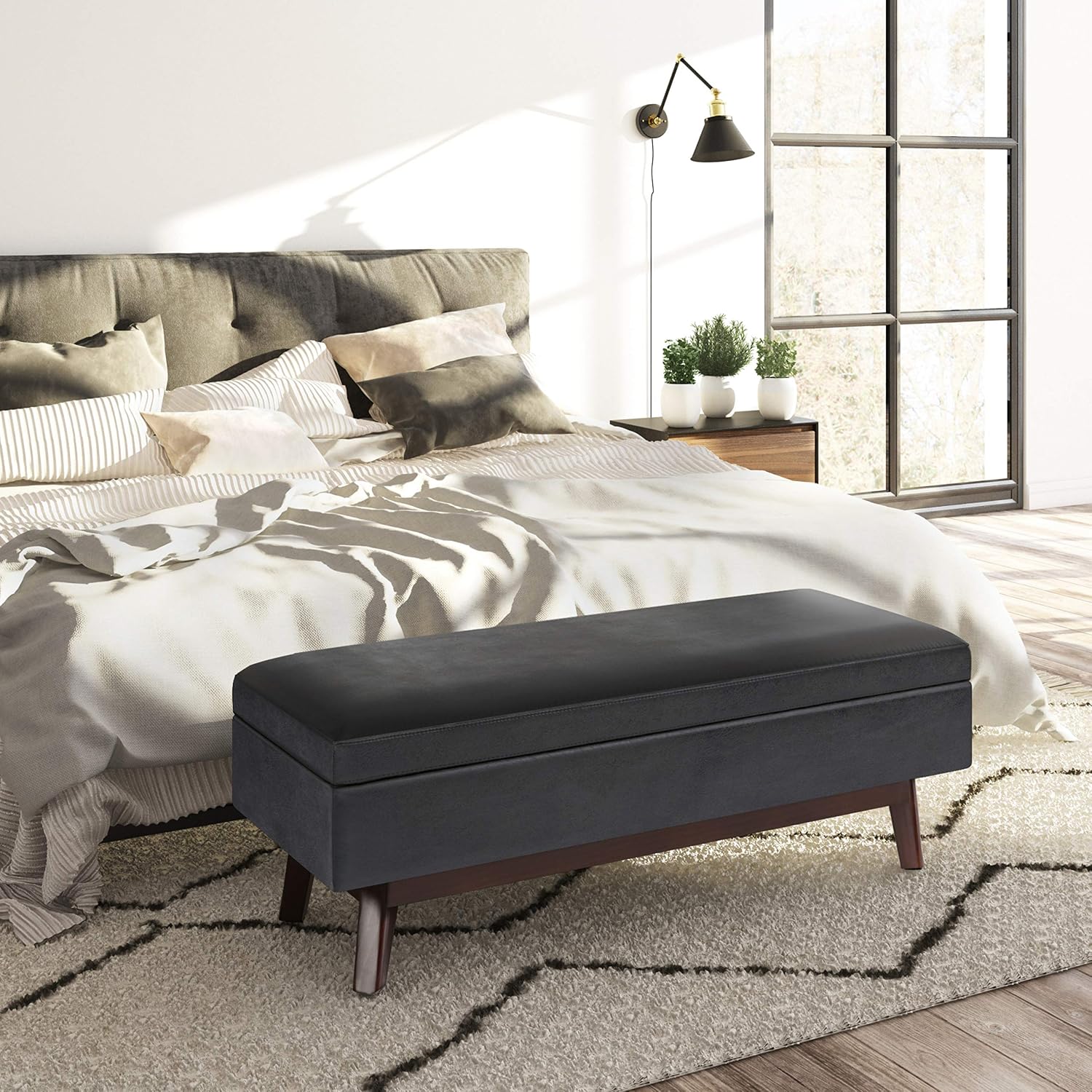 SIMPLIHOME Owen 34" Wide Vegan Leather Lift Top Ottoman in Dark Blue