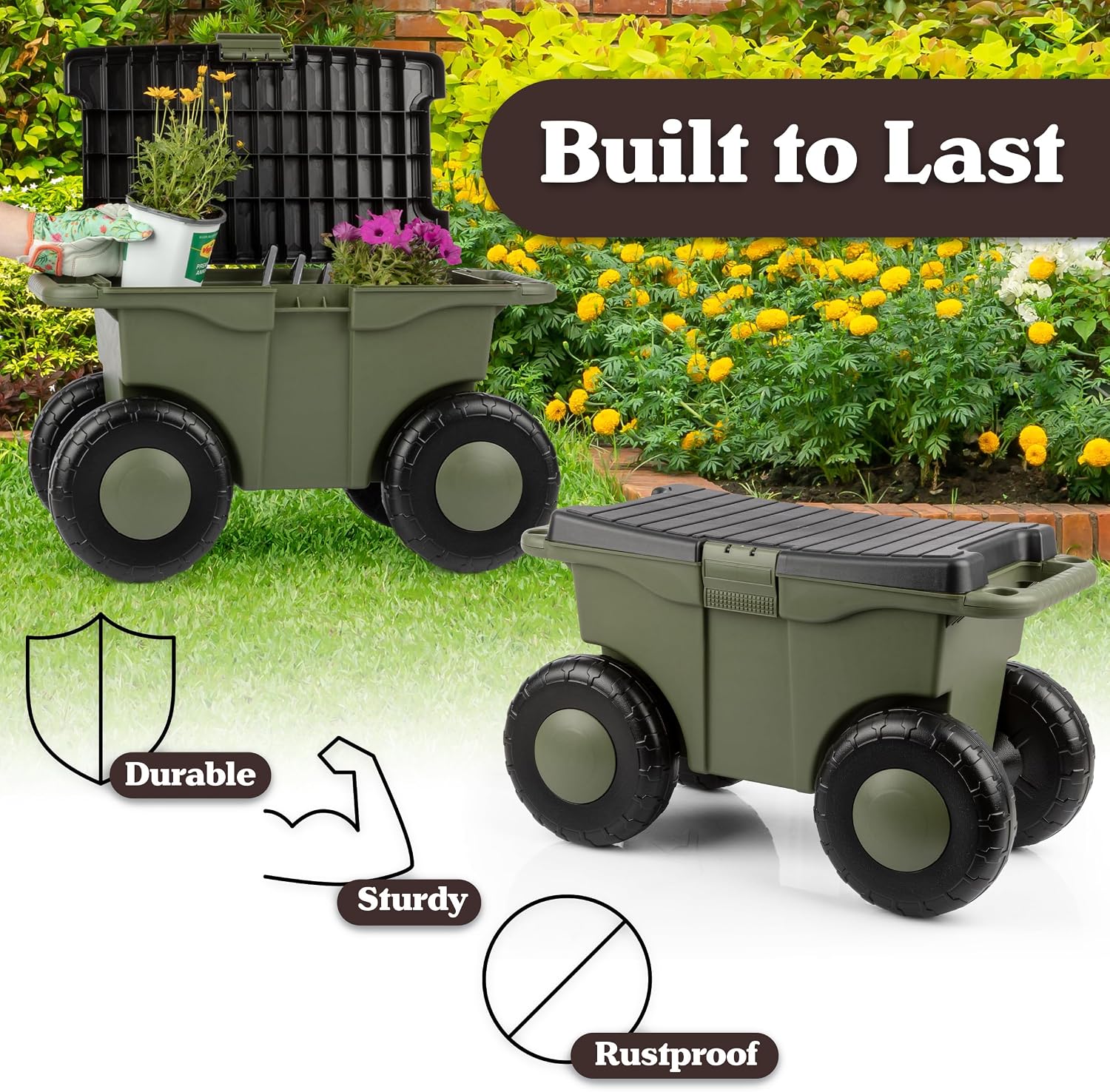 Rolling Garden Cart with Seat - Plastic Storage with Bench and Interior Tool Tray - Gardening Stool for Weeding and Planting By Pure Garden (Green) | Plastic Storage with Bench and Interior Tool Tray - Gardening Stool for Weeding and Planting