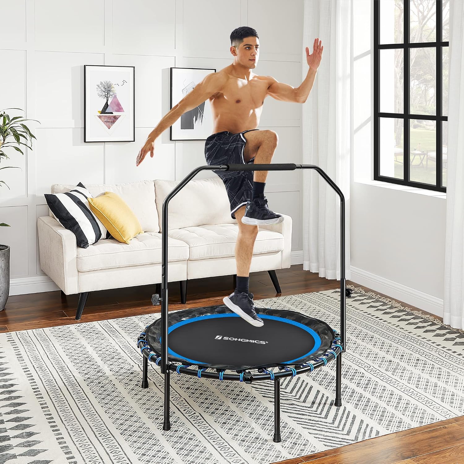 SONGMICS 40 Inches Mini Fitness Trampoline, Fitness Rebounder with Adjustable Handrail, Foldable Trampoline for At-Home Workout, Max. Load 264.6 lb