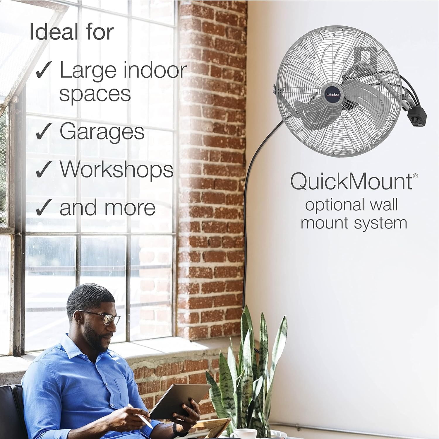 Lasko 20" Black High Velocity Wall Mount Fan with Pivoting Head - 3 Speeds, Ideal Wall Mount Fan or Floor Fans for Home, Garage, Attic, 2264QM