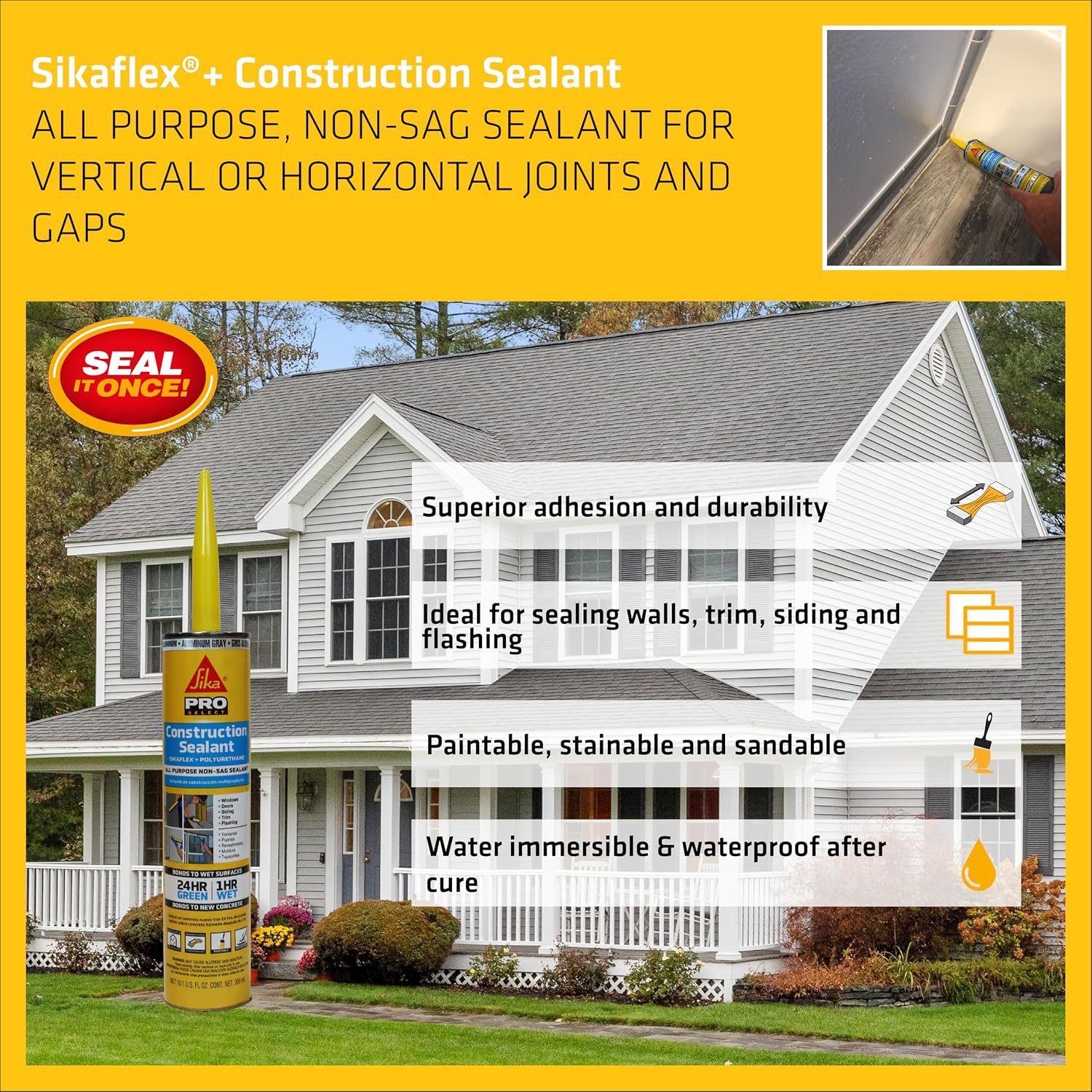 SIKA Sikaflex Construction Sealant - White, All-Purpose Polyurethane for Joints 1/2" or Smaller - 10.1 fl. oz - Weatherproof, High Elasticity, Paintable, Strong Adhesion