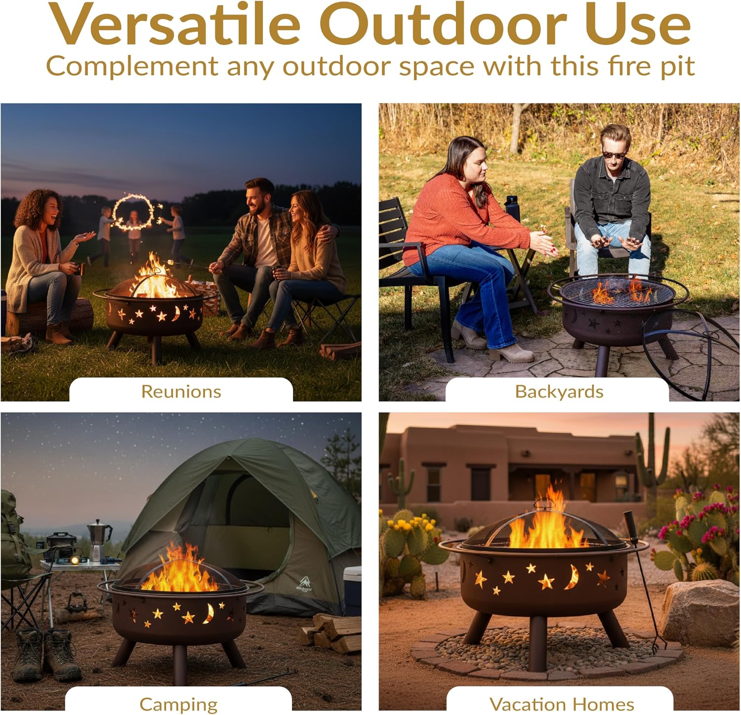 Sunnydaze Cosmic 30" Fire Pit with Cooking Grate for Outside, Wood Burning | Bronze, Heavy Duty Steel Metal, Includes Spark Screen & Poker, Round Outside Firepit for Patio, Deck, Backyard BBQ, Bonfire