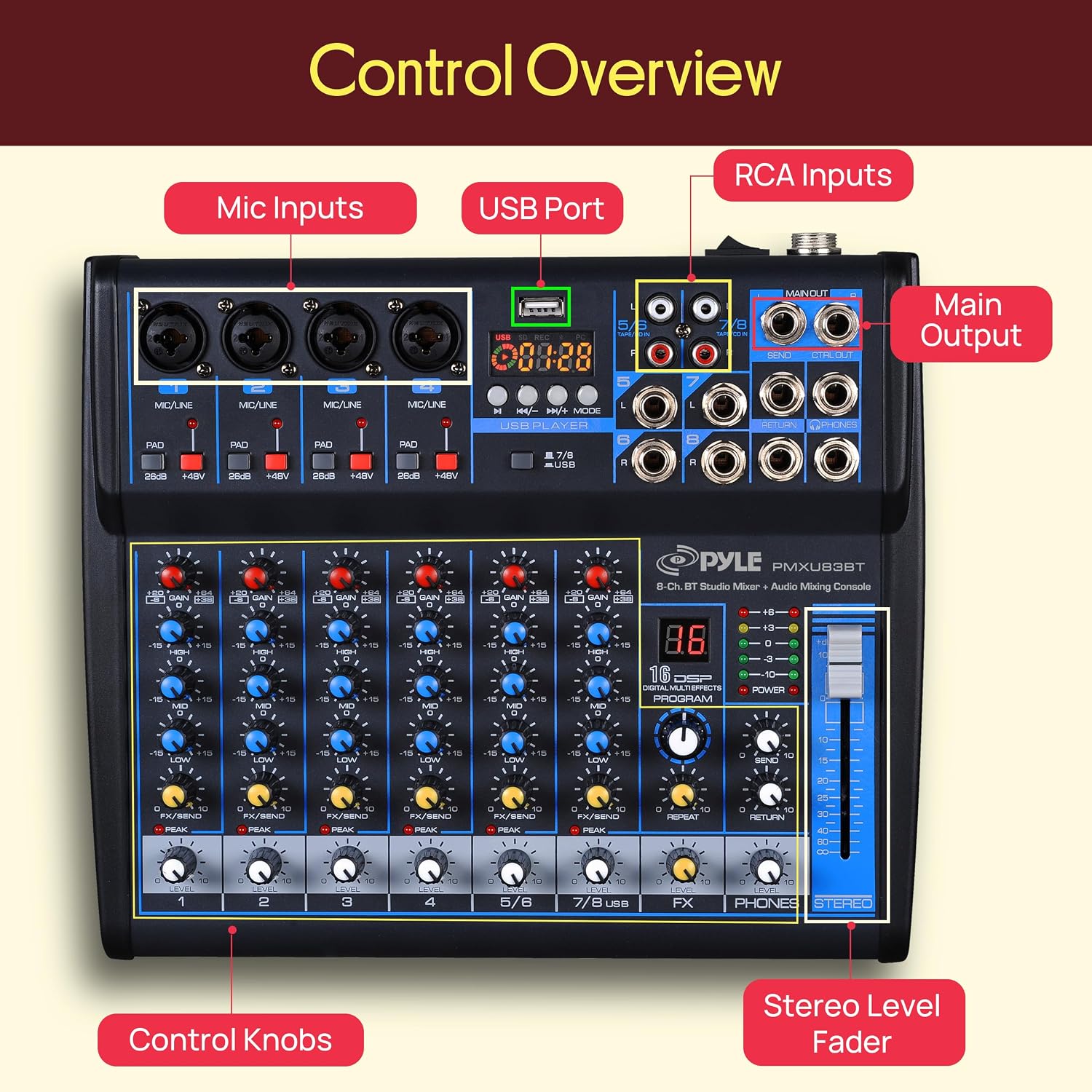 Pyle 8 Channel DJ Audio Mixer, Bluetooth, DSP FX, USB, Audio Interface | +48V Phantom Power, 16Bit DSP Processor, USB-A MP3 Player