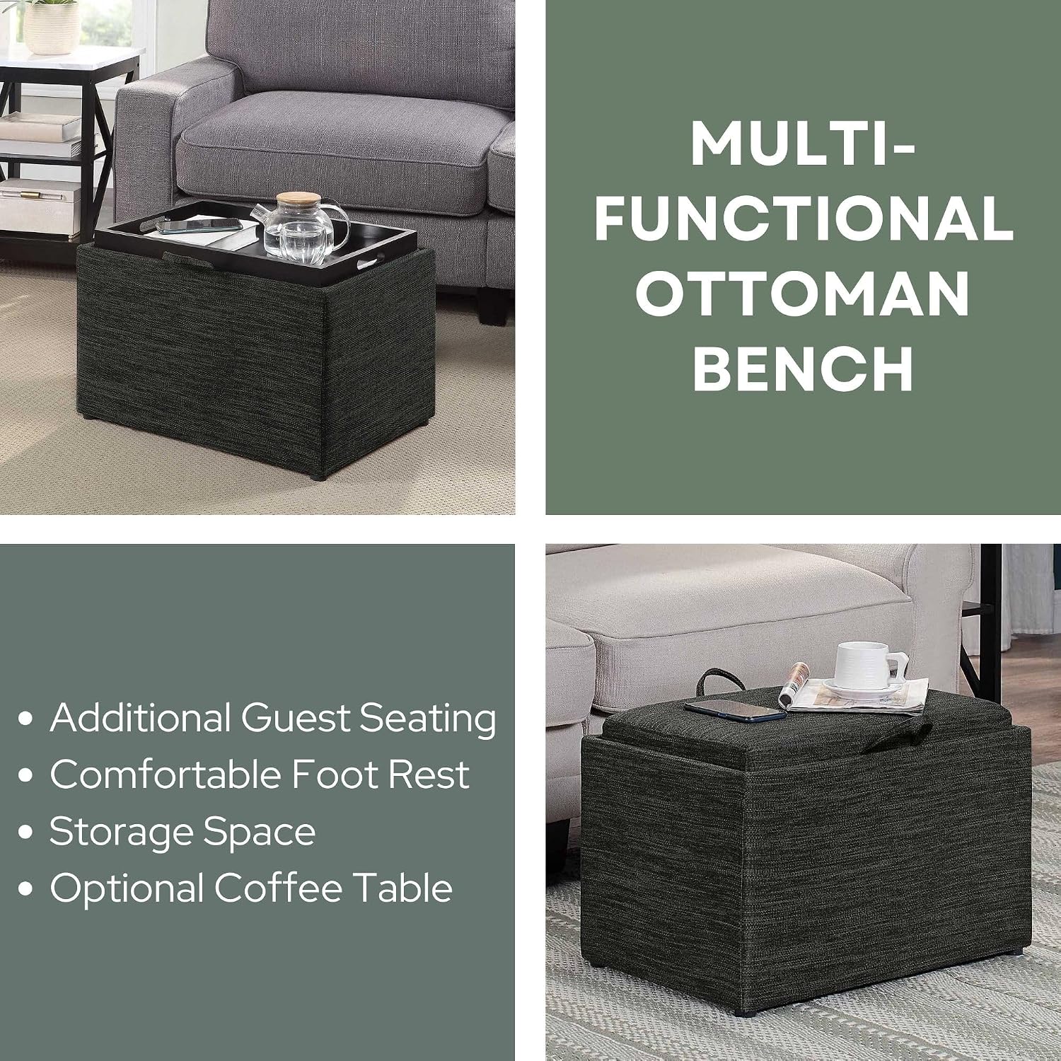 Convenience Concepts Designs4Comfort Accent Storage Ottoman 22.75" - Modern Foot Stool with Decorative Tray for Living Room, Dining Room, Office, Blue Faux Leather
