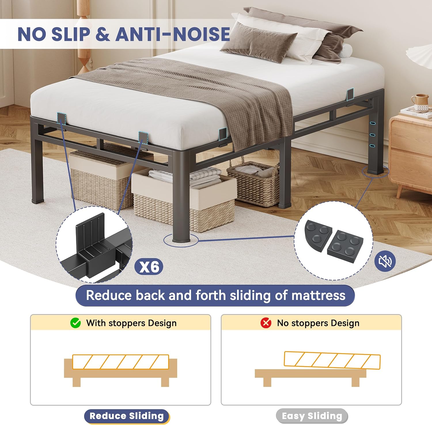 20 Inch Queen Size Bed Frame,Double Layer Heavy Duty Metal Platform Tall | Easy Assembly,Noise Free,2in1 Base,4000lbs Capacity,6 Mattress Stoppers,Round Corner Legs,16"Storage Space,Headboard Holes