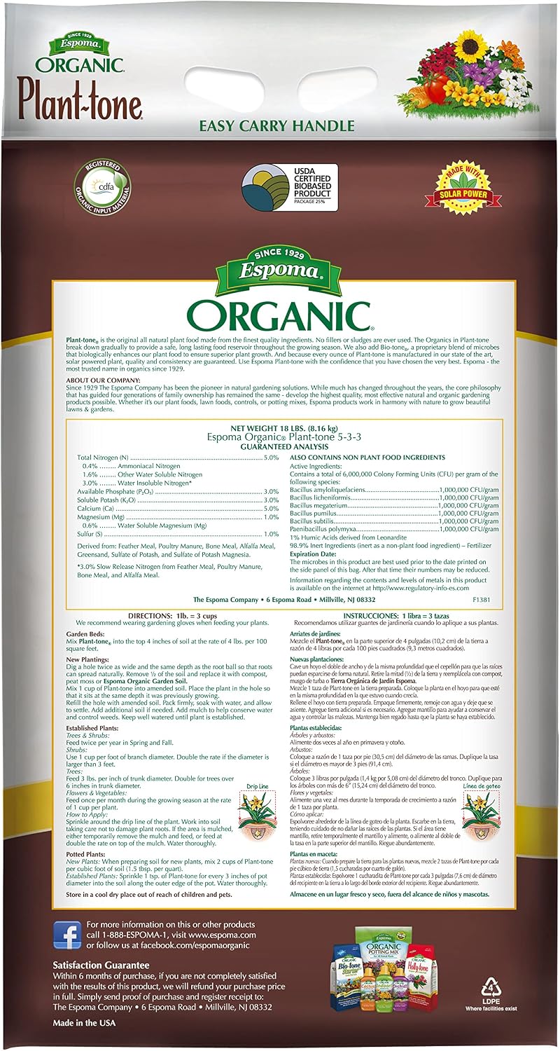 Espoma Organic Plant-Tone 5-3-3 Natural & Organic All Purpose Plant Food, 18 lb. Bag, The Original Organic Fertilizer for All Flowers, Vegetables