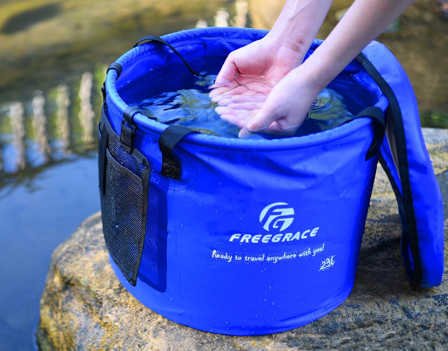 Freegrace Collapsible Bucket with Mesh Tool Pocket - 10L, 16L & 23L Portable Folding Water Container - Heavy Duty 500D Tarpaulin, BPA-Free Wash Basin for Camping, Fishing, RV, and Car Washing
