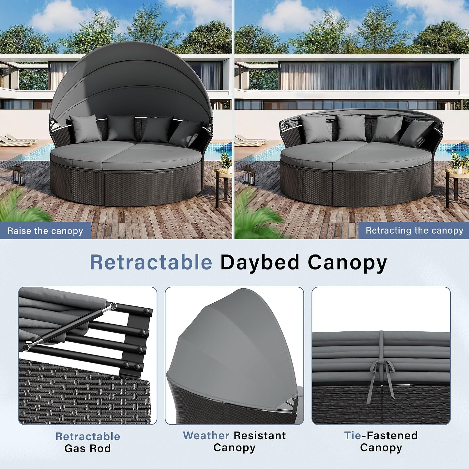 Outdoor Patio Furniture Canopy Daybed Round Sofas, 4 Pieces Seating Separates Cushioned Seats, Black Wicker, Lawn Poolside Garden, Grey