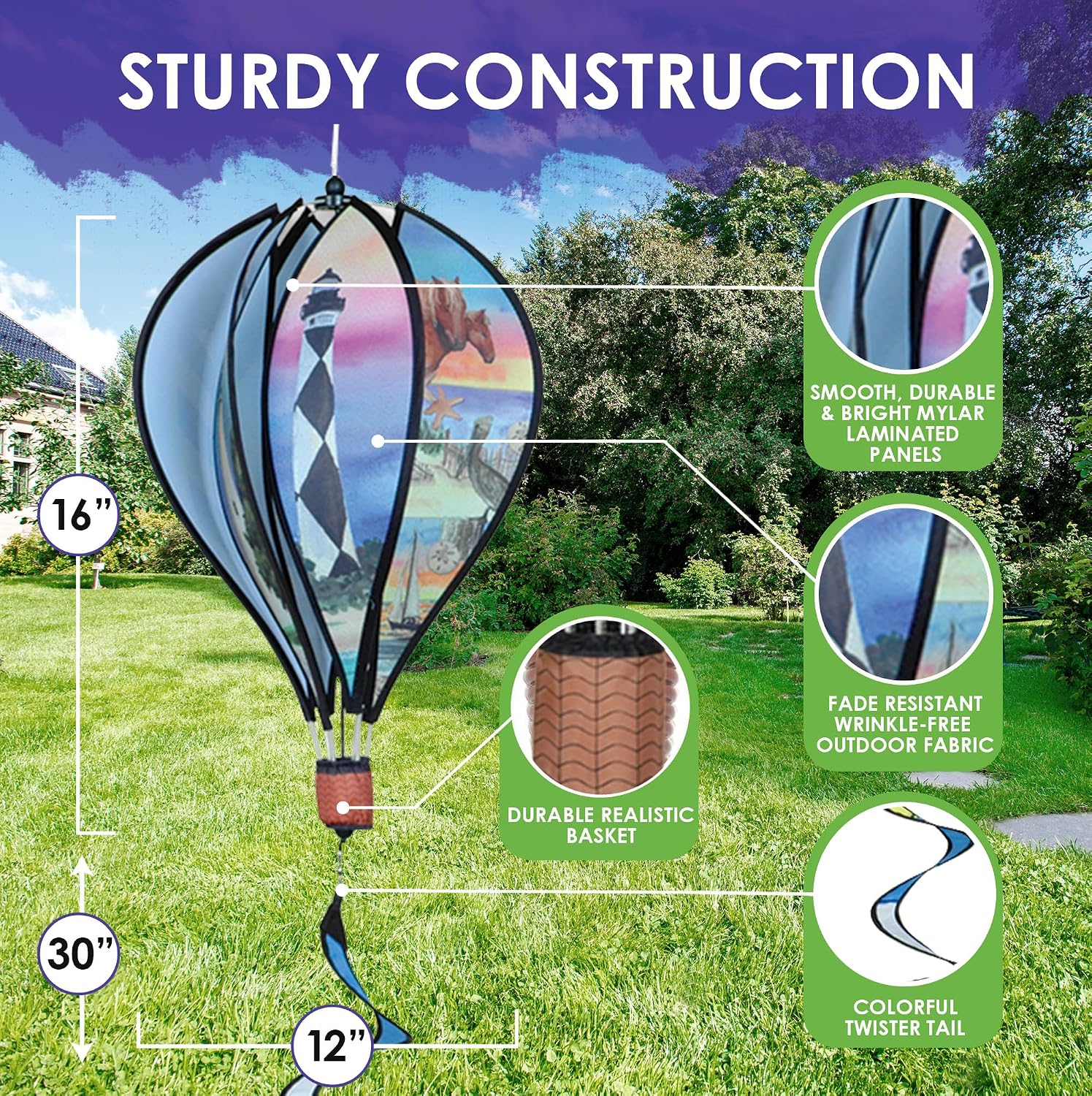 Hot Air Balloon Hanging Garden Spinner 16" - Vibrant Patriotic Design, Weather-Resistant Outdoor Decor, Durable & Lightweight for Patios, Yards, and Gardens - Eye-Catching Wind Spinner
