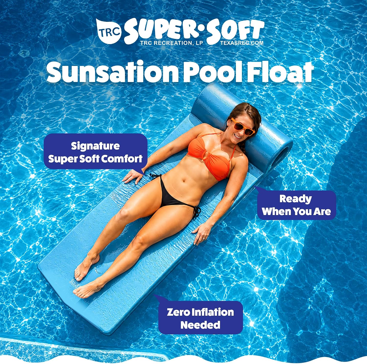 TRC Recreation Sunsation 1.75" Thick Foam Pool Float Lounger w/ Headrest for Lounging & Sunbathing in Swimming Pools, Beaches & Lakes, 70" x 26