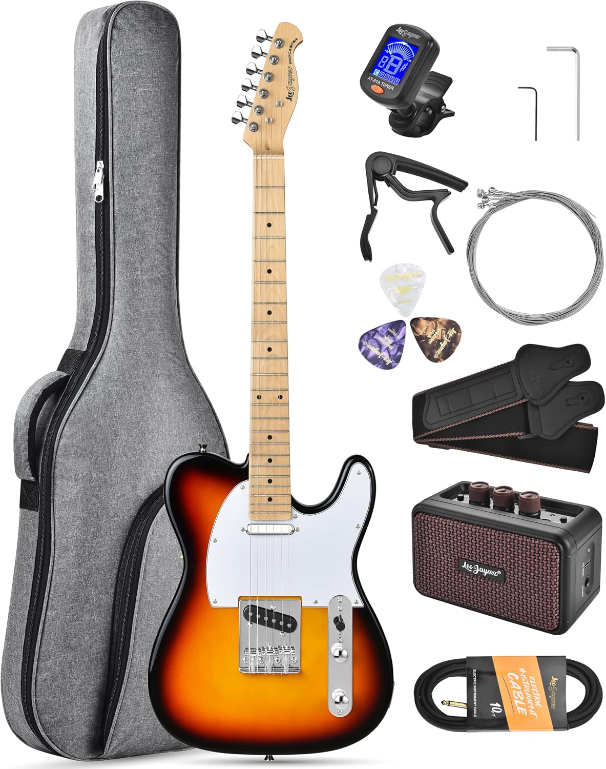 Leo Jaymz Beginner Electric Guitar Complete Kit with Portable Amp, Padded Gig Bag & Full Accessories, Maple Neck (TL-White)
