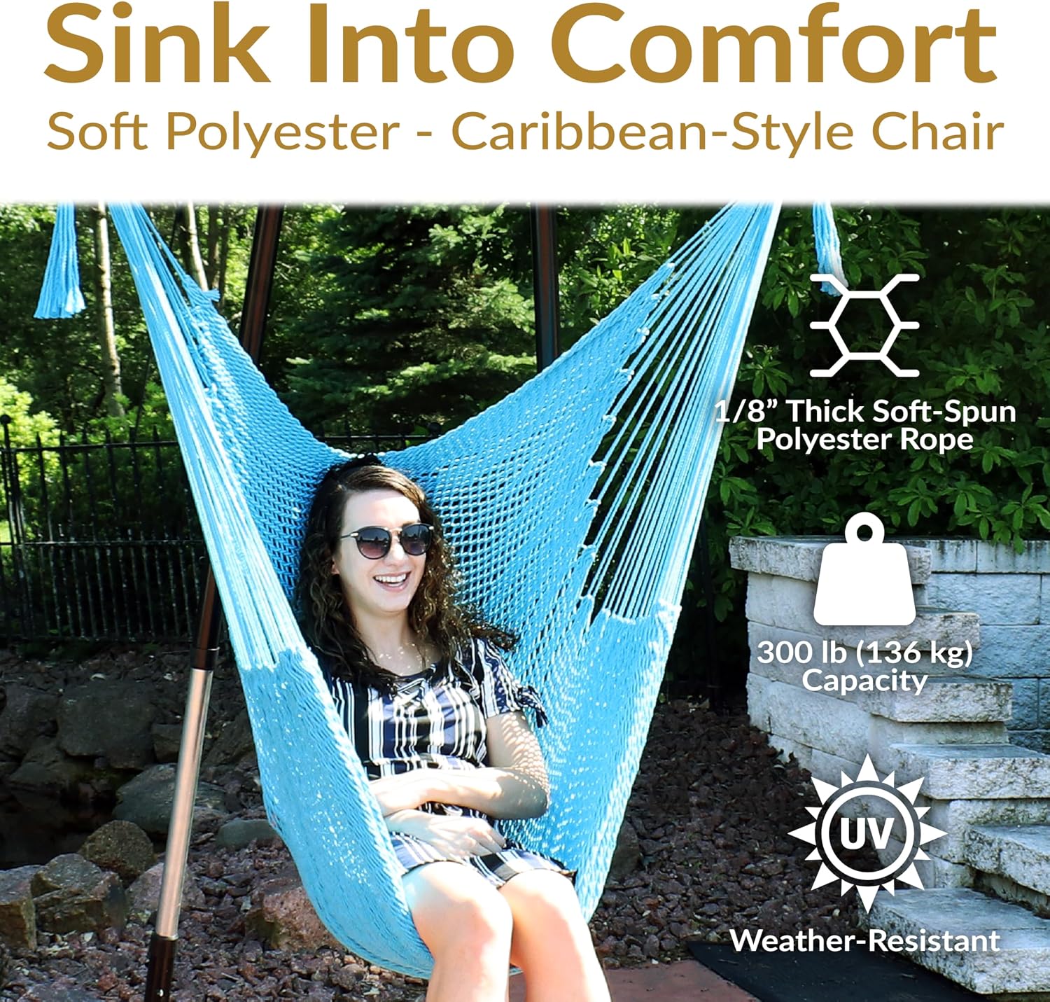 Sunnydaze Hanging Hammock Chair Swing for Patio, Caribbean, Tan | 300 lb Capacity, Wooden Spreader Bar, Woven Polyester, Hang From a Tree, Hammock Chair Stand, or Ceiling, Hammock Swing Chair