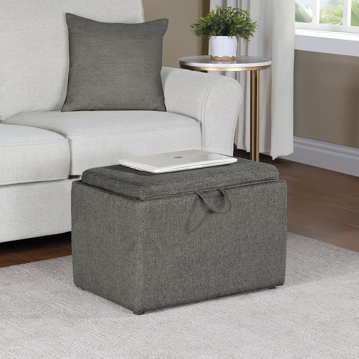 Convenience Concepts Designs4Comfort Accent Storage Ottoman 22.75" - Modern Foot Stool with Decorative Tray for Living Room, Dining Room, Office, Blue Faux Leather