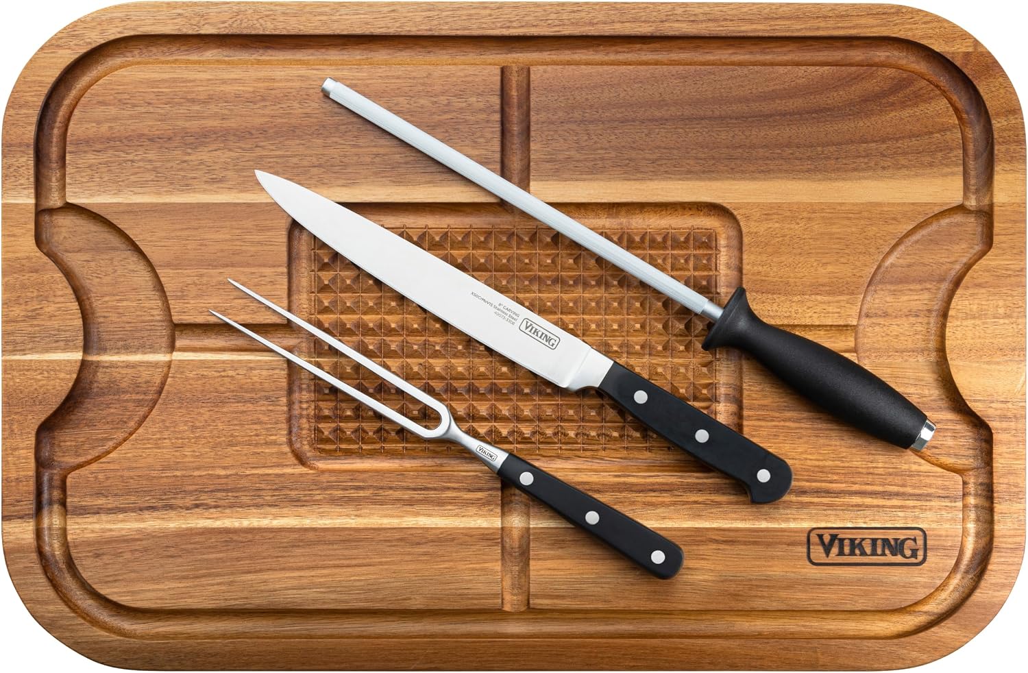 Viking Cutting Board, Acacia Wood Kitchen Butcher Block Carving Board with Juice Groove and Metal Handles, 23 x 14 x 1 Inch