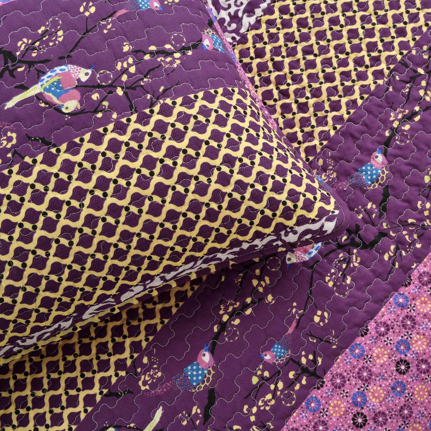 Lush Decor Royal Empire Reversible Cotton Quilt Set, 3 Piece Set Full/ Queen, Plum - Striped Bedding Set - Floral Quilt Queen Size - Purple Bedding - Boho Decor