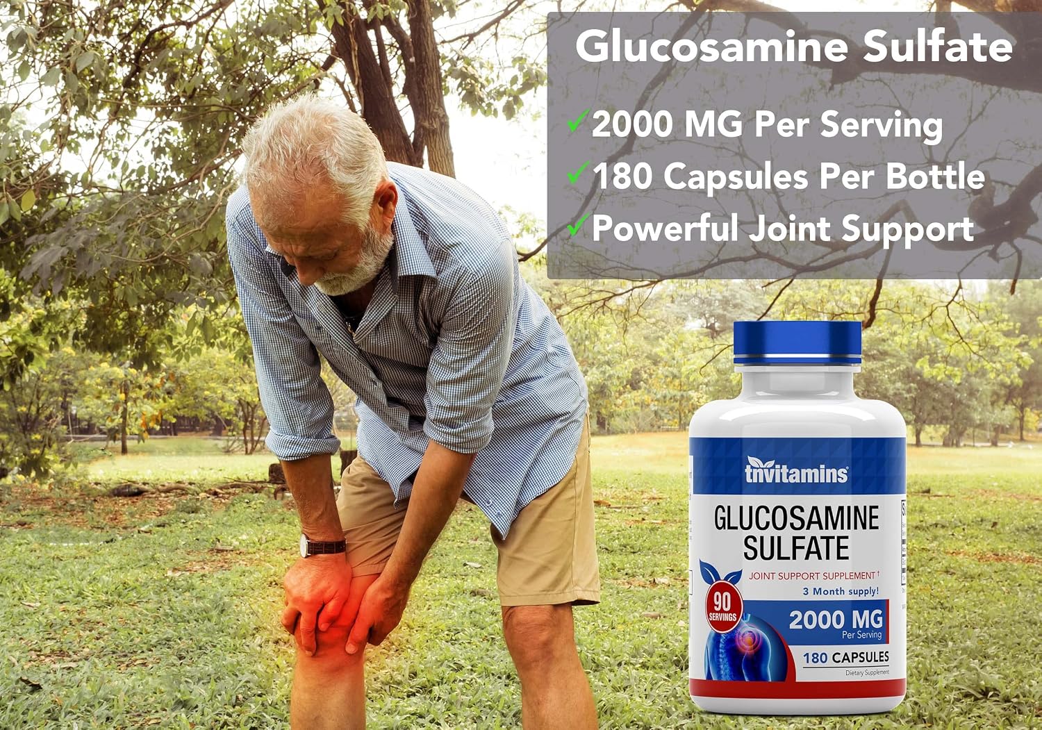 tnvitamins Glucosamine Sulfate Capsules 2000 MG (180 Count) | Joint Support* Supplement for Women & Men | Produced in The USA | Promotes Flexibility