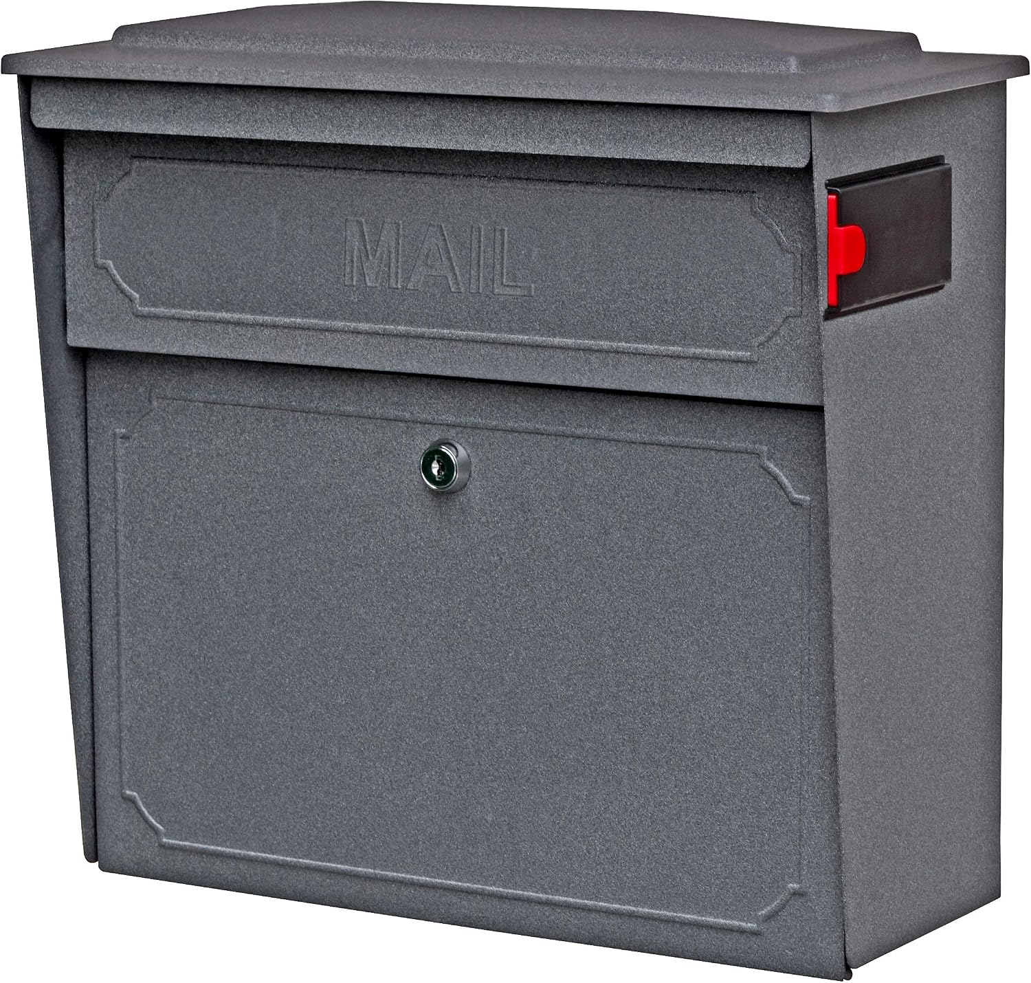 Mail Boss 7172 Townhouse Locking Security Wall Mount Mailbox, Black, Pack of 1 | Anti-pry locking door, classic stamped-panel design with decorative top cap, fixed slot fits envelopes and magazines.