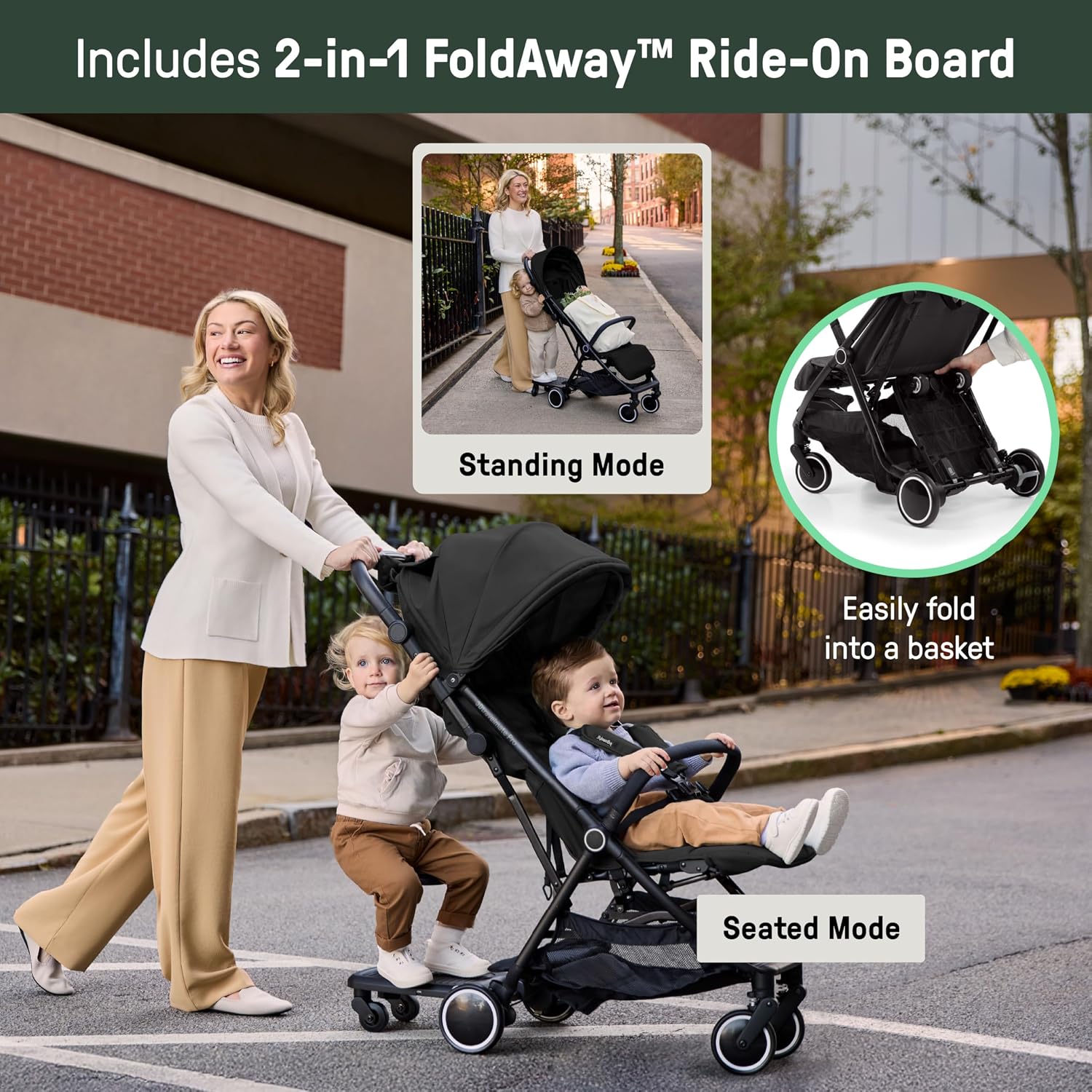 Ingenuity 3D Travelmate Pro Lightweight Travel Stroller with Fold-Away Ride-On Board for Toddlers, Airplane Overhead Bin Compatible, Car Seat Ready, One-Hand Fold