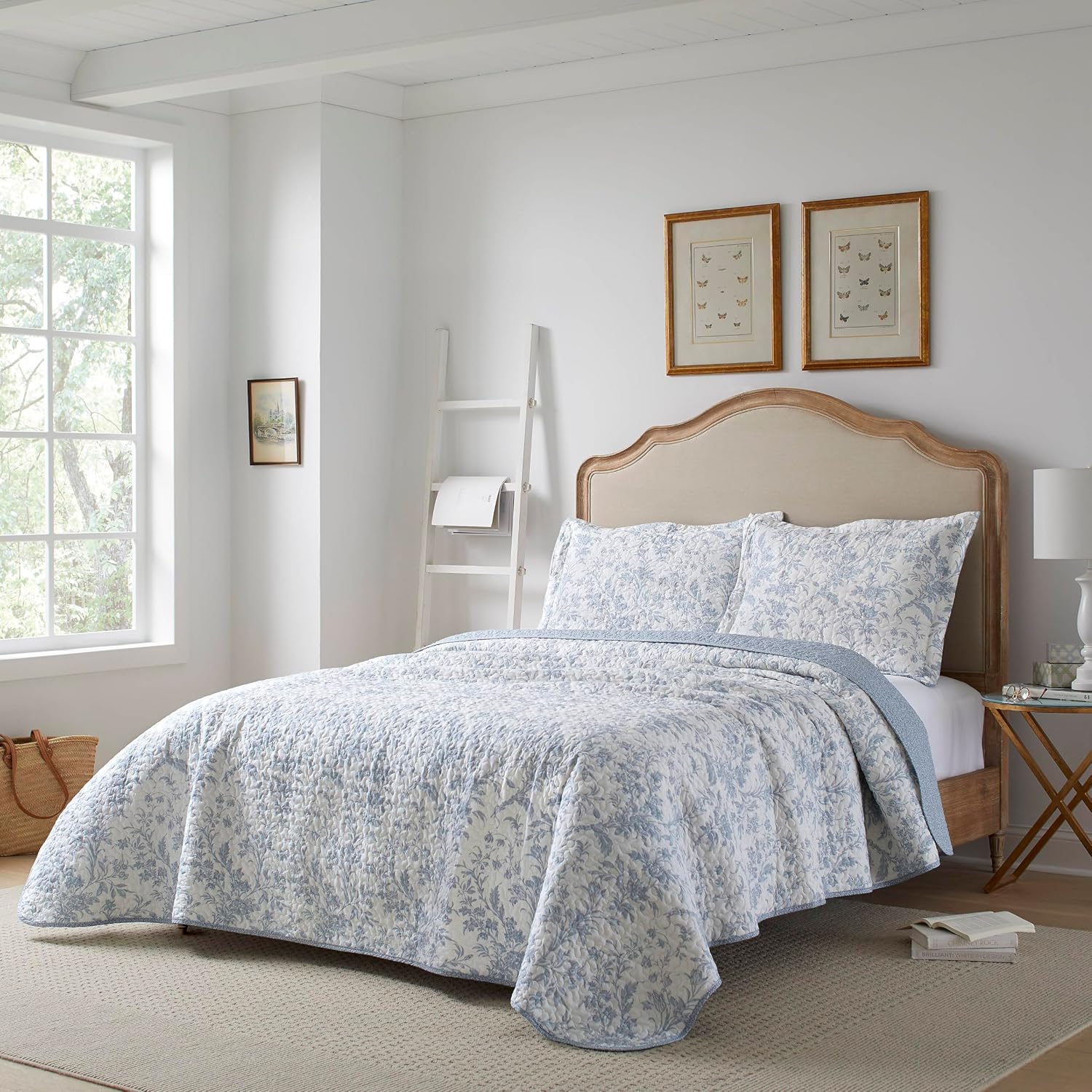 Laura Ashley – Queen Quilt Set, Soft & Lightweight Toile Bedding with Matching Shams, Reversible Floral Room Decor, College Dorm Room Essentials (Amberley Blue)