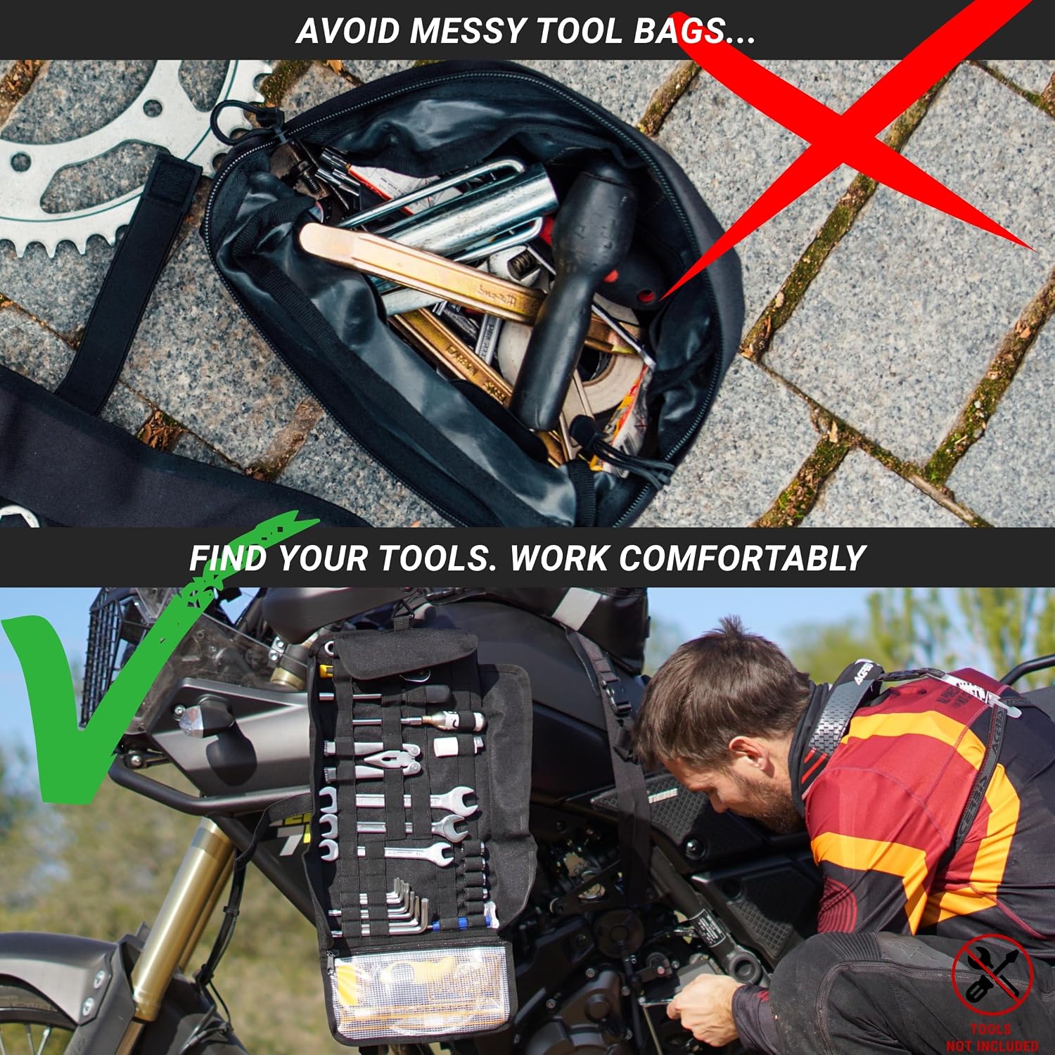 ODINSBERG Motorcycle Tool Roll Bag Tools NOT Included - Small Tool Bag Wrench Roll Up Tool Bag Organizer Pouch Wrap Motorcycle Tool Kit Box For