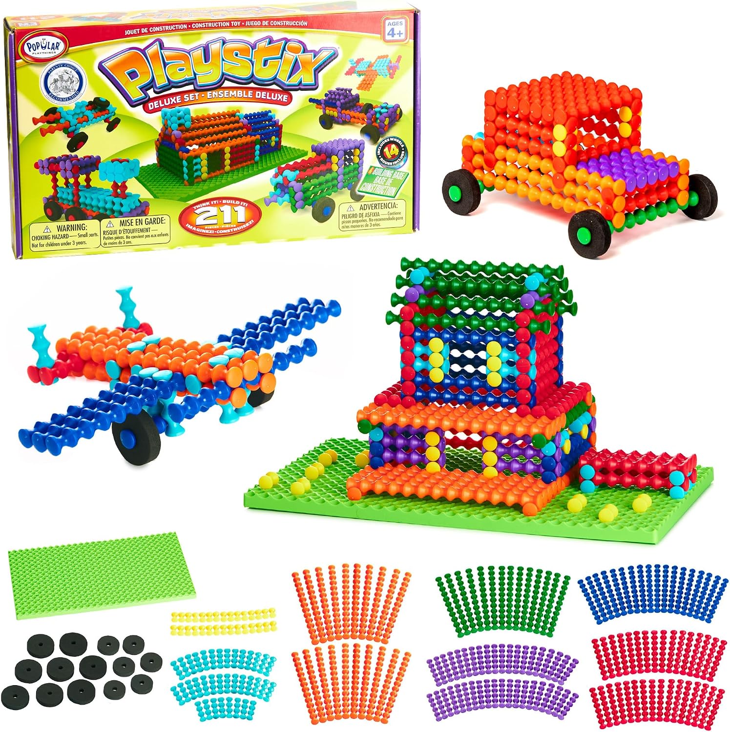 POPULAR PLAYTHINGS Playstix Deluxe Set, 211 Piece, Building Sticks Kit | for Kids Ages 4 and Up, Construction Stem Building Toy Gift, for Boys & Girls