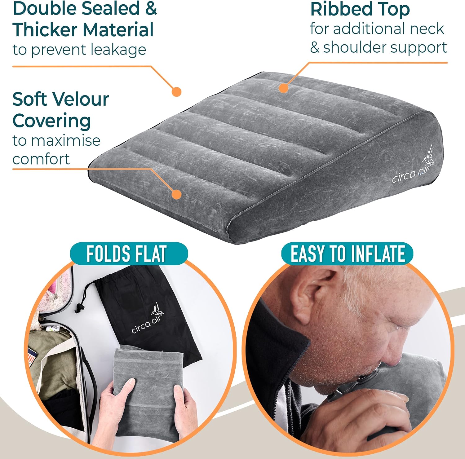 Circa Air Inflatable Wedge Pillow for Traveling - Travel Wedge Pillows for Sleeping in Bed, Acid Reflux, Sleep Apnea, Snoring for Back, Knee