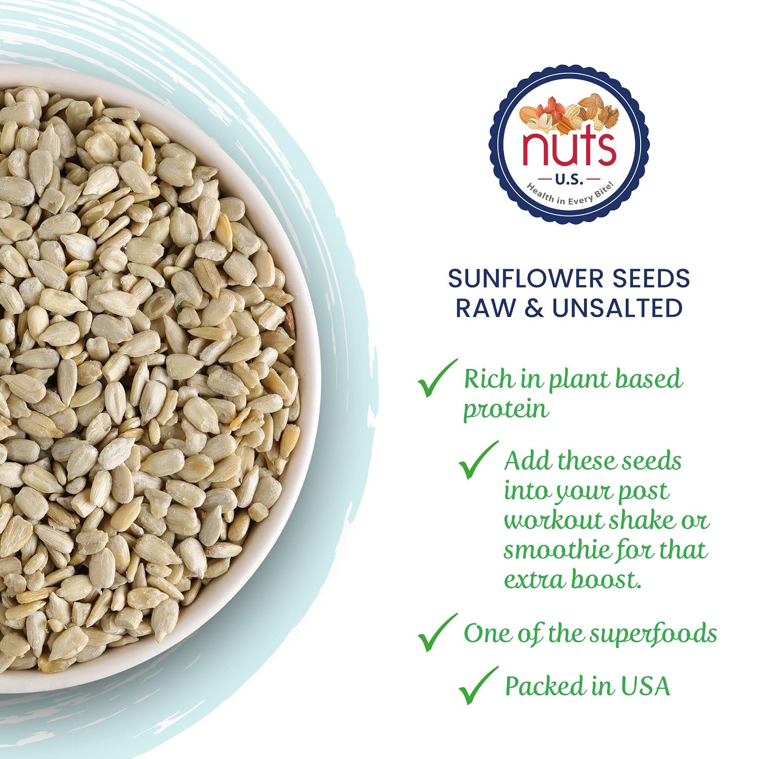NUTS U.S. - Sunflower Kernels | Raw | A Rich Source of Protein | USA Grown and Packed in Resealable Bags!!! (1 LB)